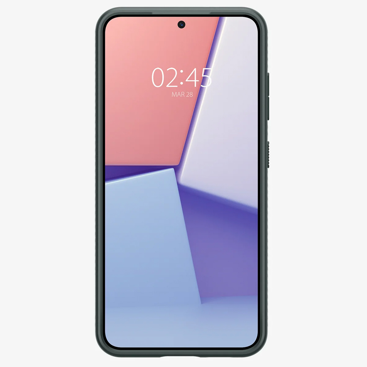 Een telefoon in een hoes met een roze en blauwe geometrische achtergrond en de tijd.