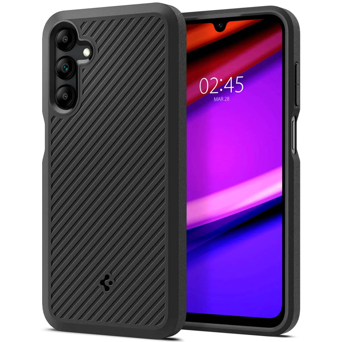 Un étui de téléphone noir avec un téléphone, montrant un écran violet et orange.