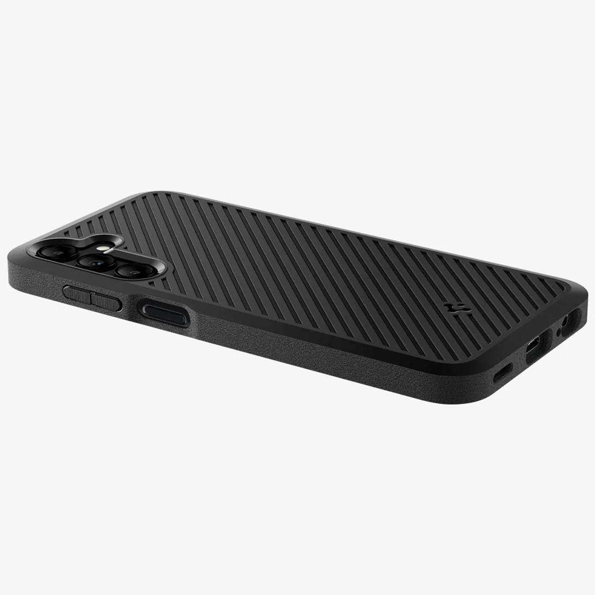 Coque de téléphone noire avec des lignes horizontales. Le dessus du téléphone avec la caméra est visible.