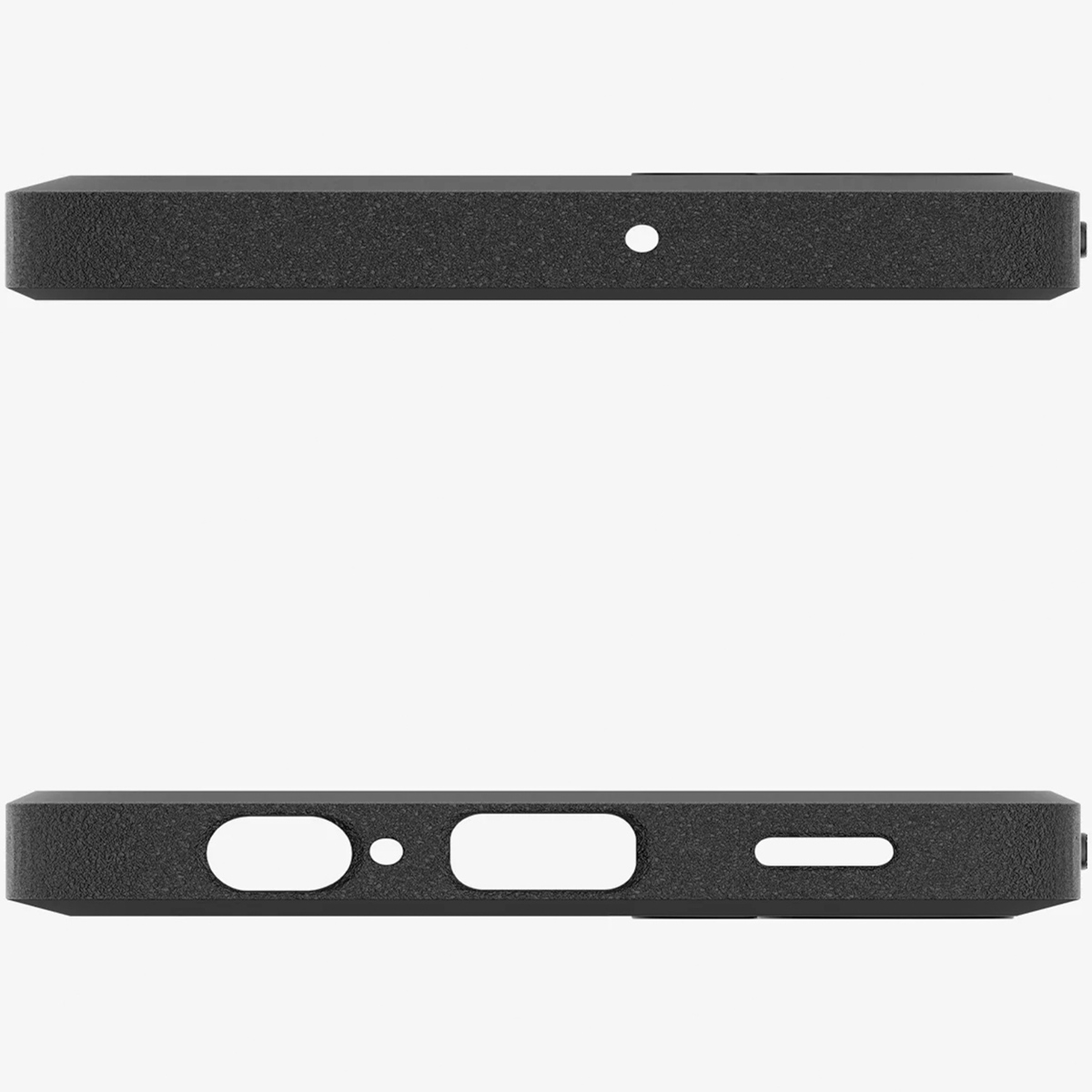 Gros plan sur le bas et le haut d'une coque de téléphone noire. Montre les ports et les découpes.