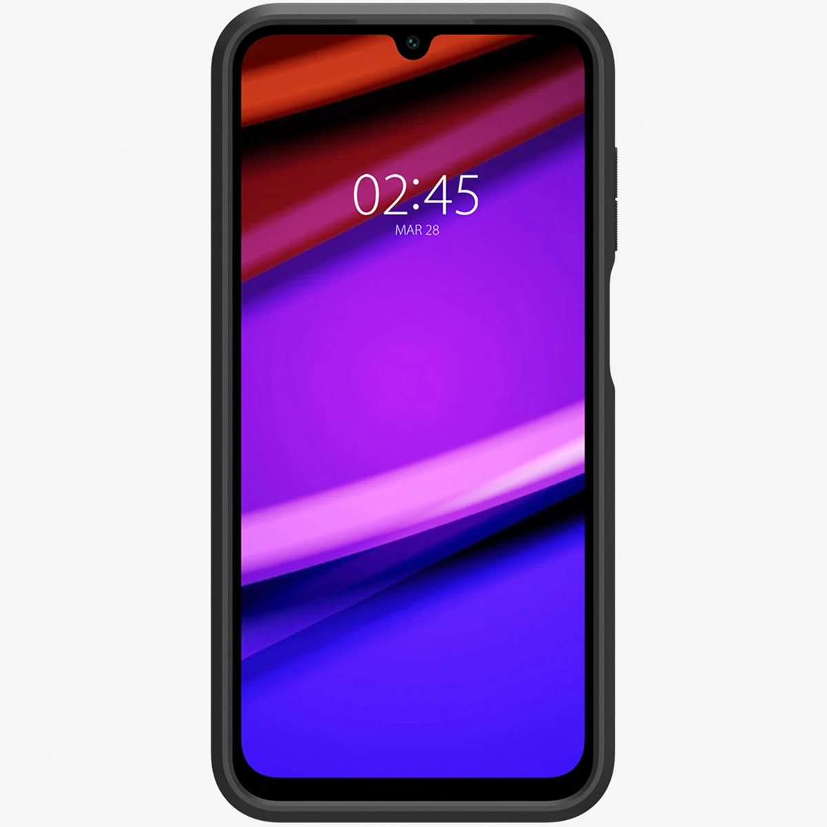 Un smartphone avec un cadre sombre et un fond d'écran coloré affichant l'heure.