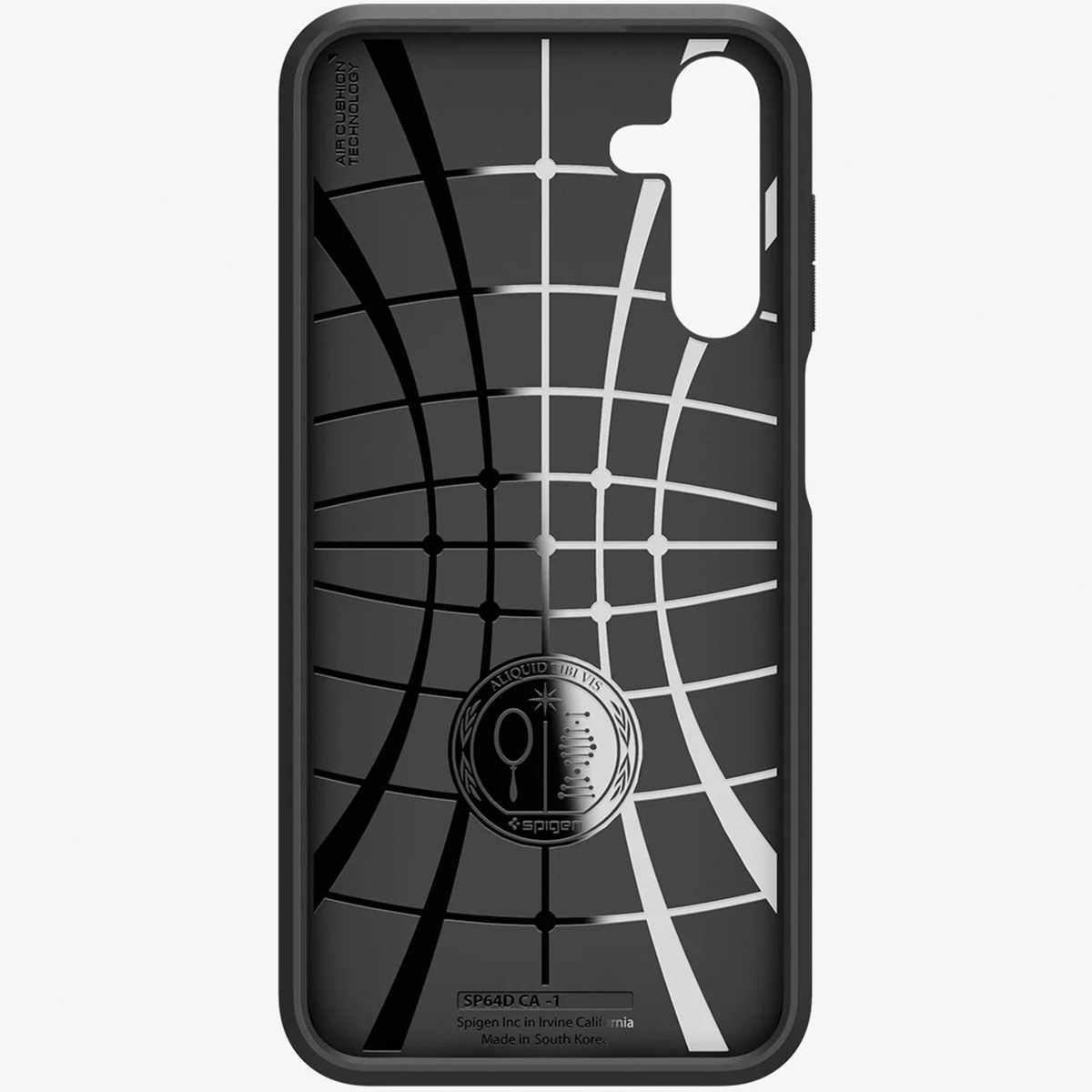 Coque de téléphone noire avec motif quadrillé. Logo Spigen en bas. Fond blanc.