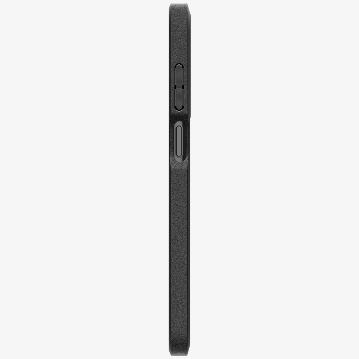 Vue latérale de la coque de téléphone noire avec boutons et finition texturée.