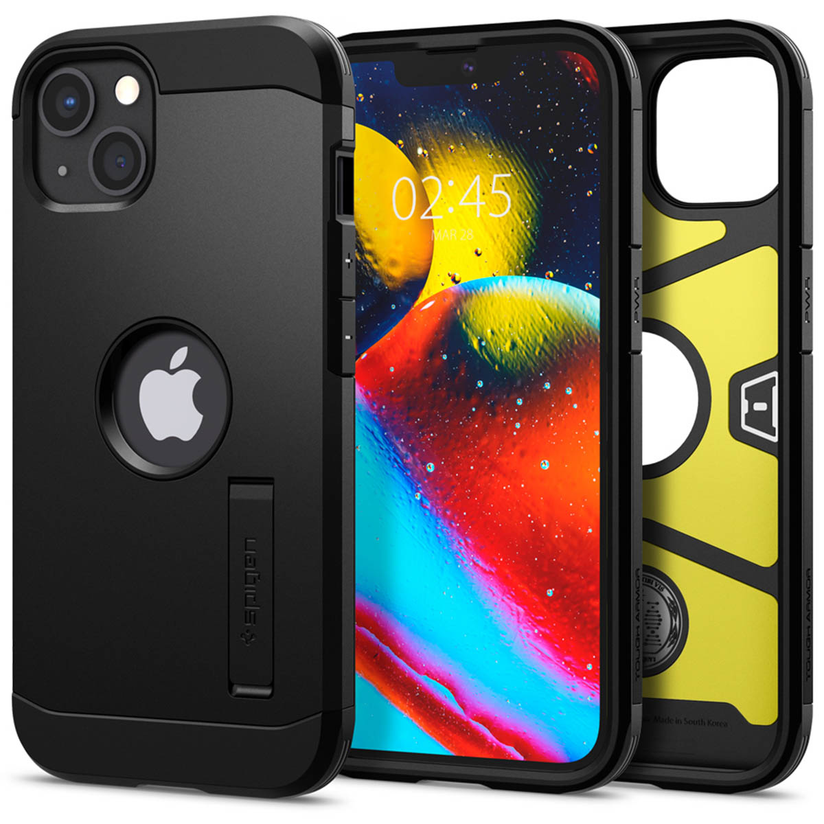 Custodia nera per telefono con un telefono all'interno, che mostra il display e l'interno giallo.