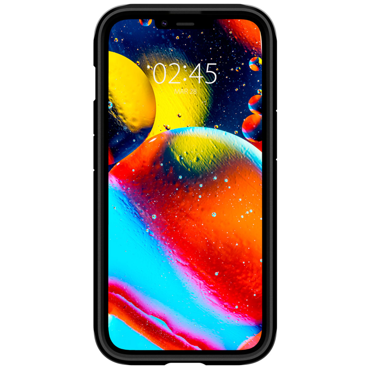 Schermo del telefono con sfondo astratto colorato, che mostra ora e data.