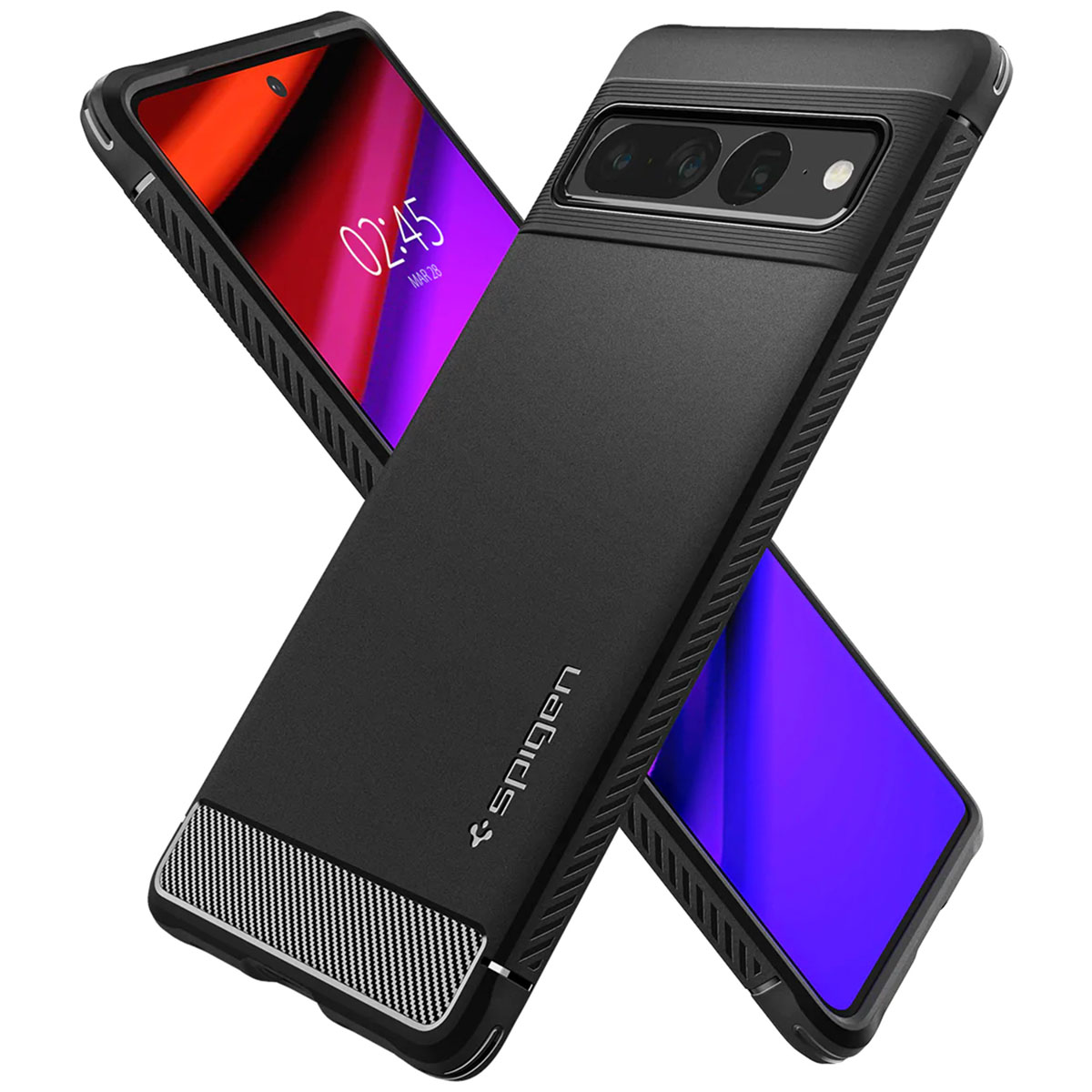 Due telefoni con custodie. Uno nero, uno con schermo rosso e custodia nera.