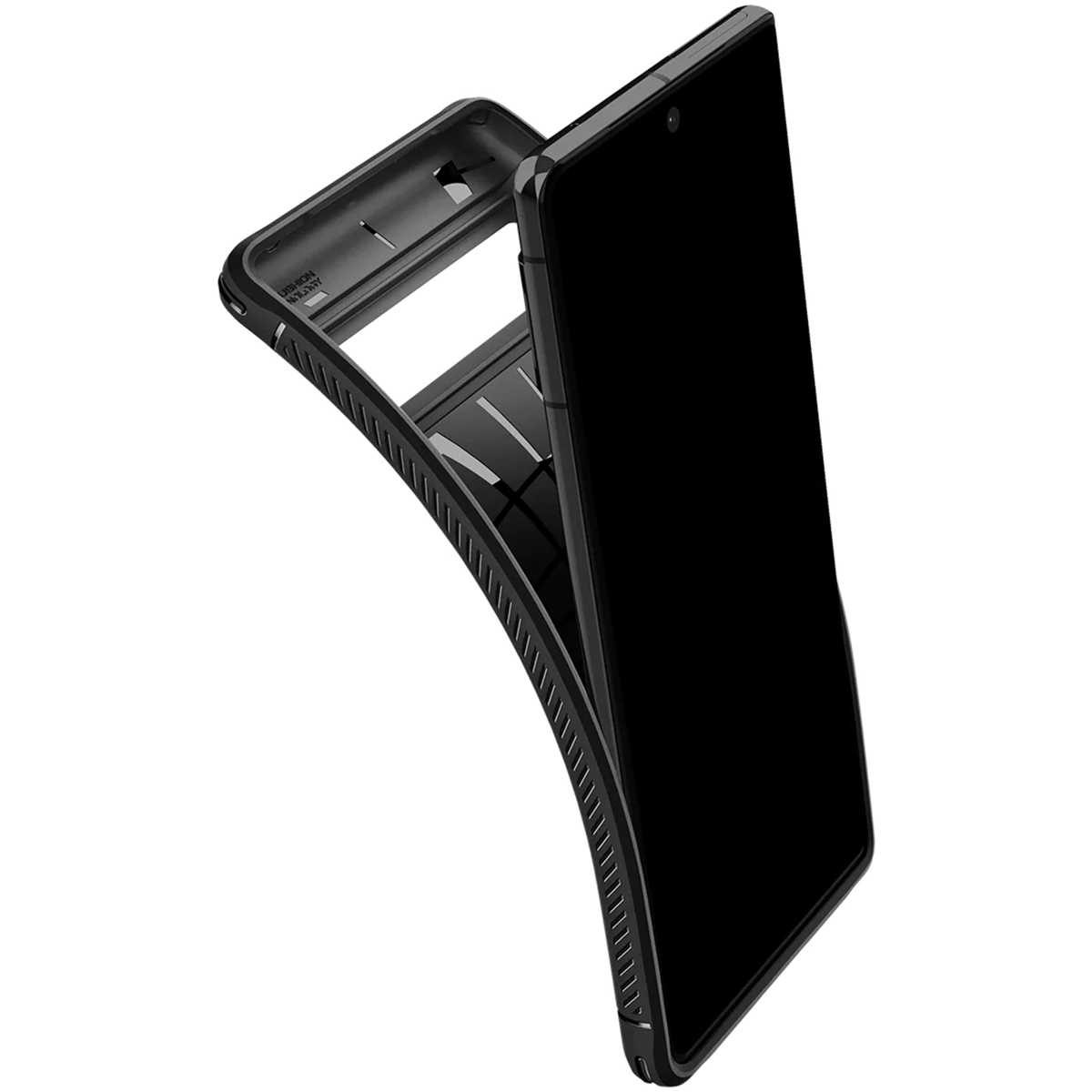 Telefono nero con custodia nera parzialmente aperta, che rivela l'interno della custodia.