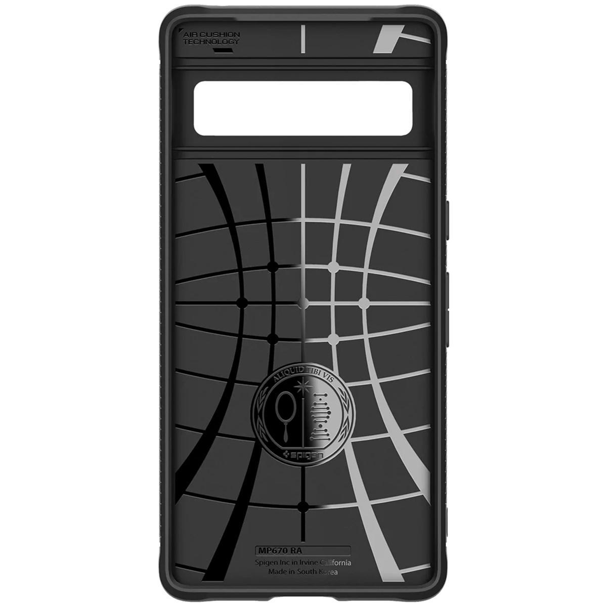 Interno della custodia nera del telefono, che mostra un design a griglia e il logo Spigen.
