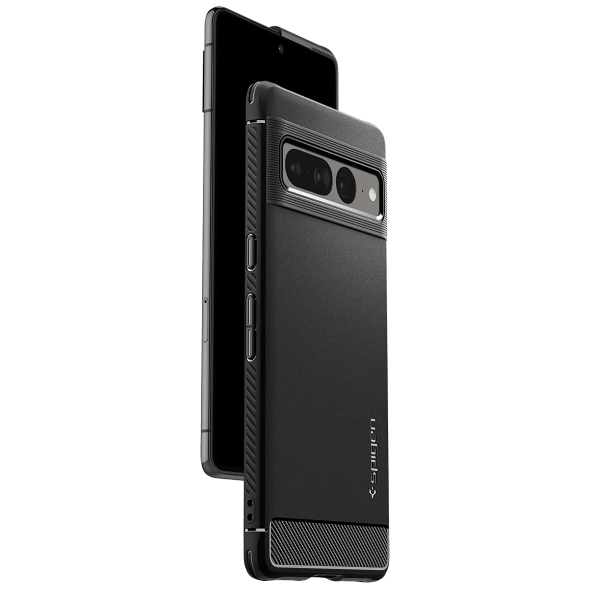 Telefono con custodia nera, con un secondo telefono dietro, parzialmente visibile.