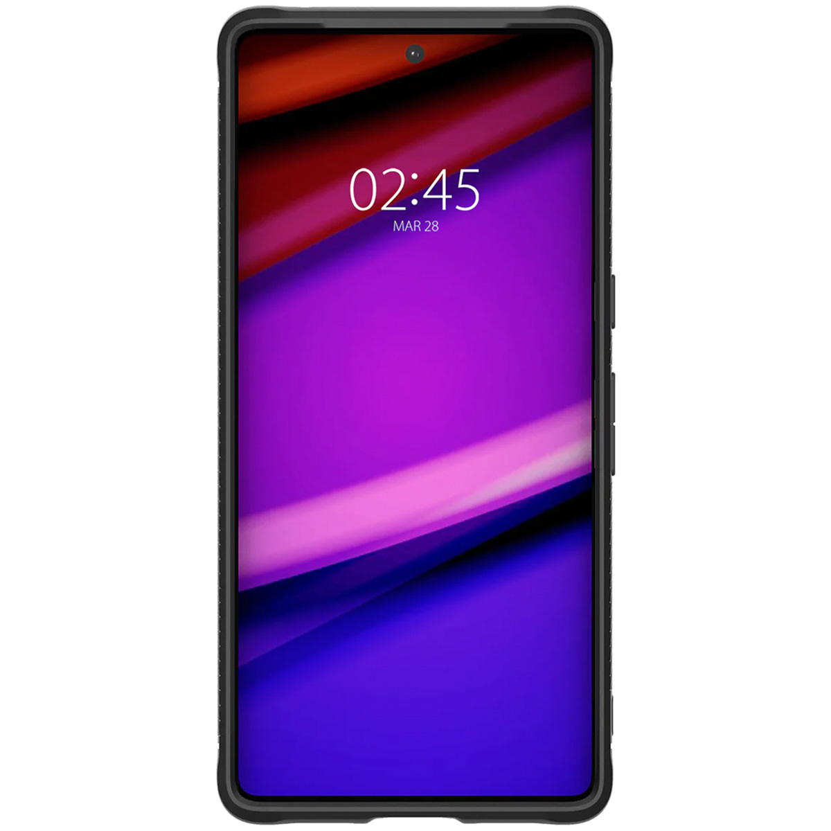 Schermo del telefono con uno sfondo sfumato viola e blu, che mostra l'ora e la data.
