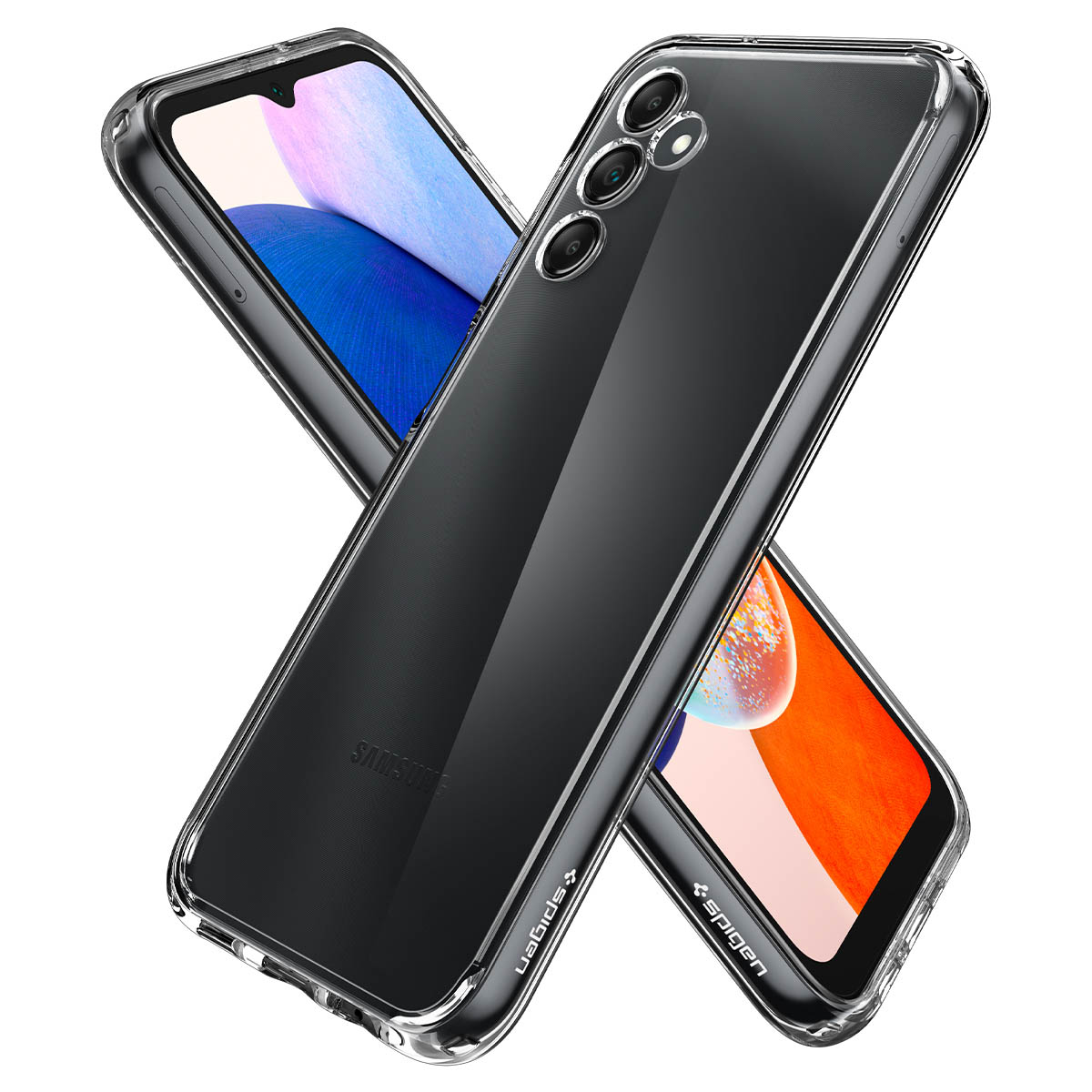 Custodie per telefono con telefoni. Le custodie sono trasparenti. I telefoni sono neri e rossi.