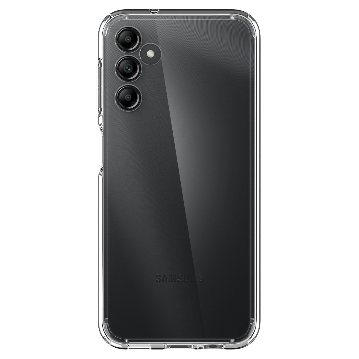 Custodia trasparente per telefono con telefono. Il telefono è rivolto verso lo spettatore. Custodia trasparente con logo Samsung.