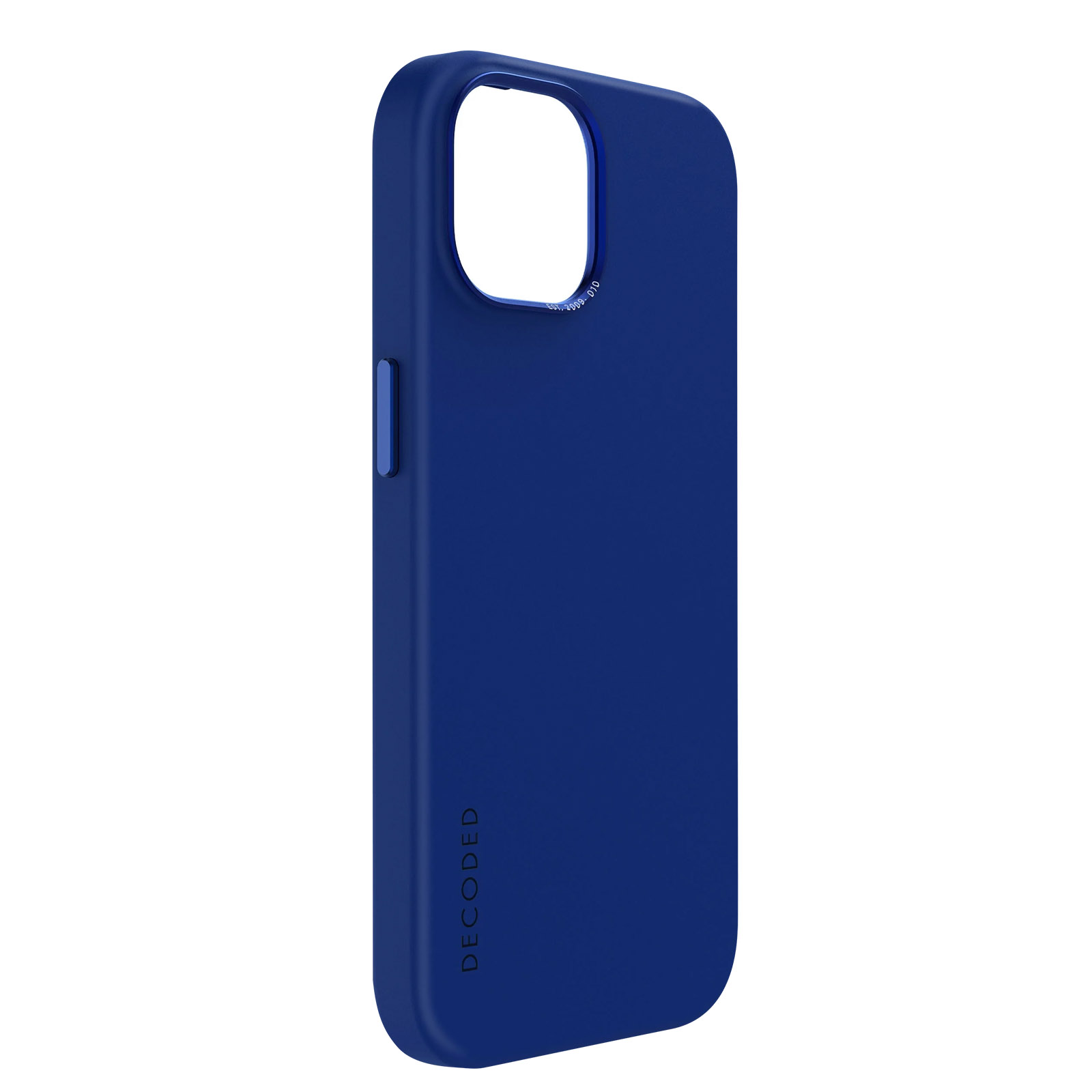 Custodia blu con la scritta 'DECODED'.