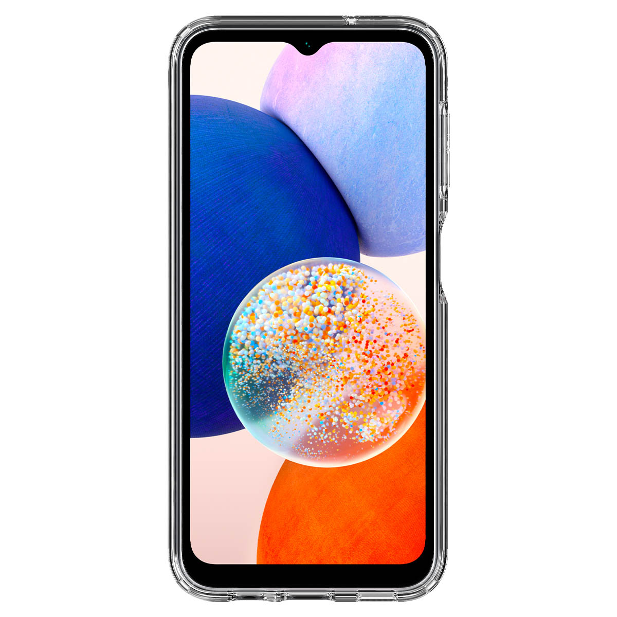 Un telefono in una custodia trasparente con uno sfondo colorato che sembra un pianeta, con un design a bolle.