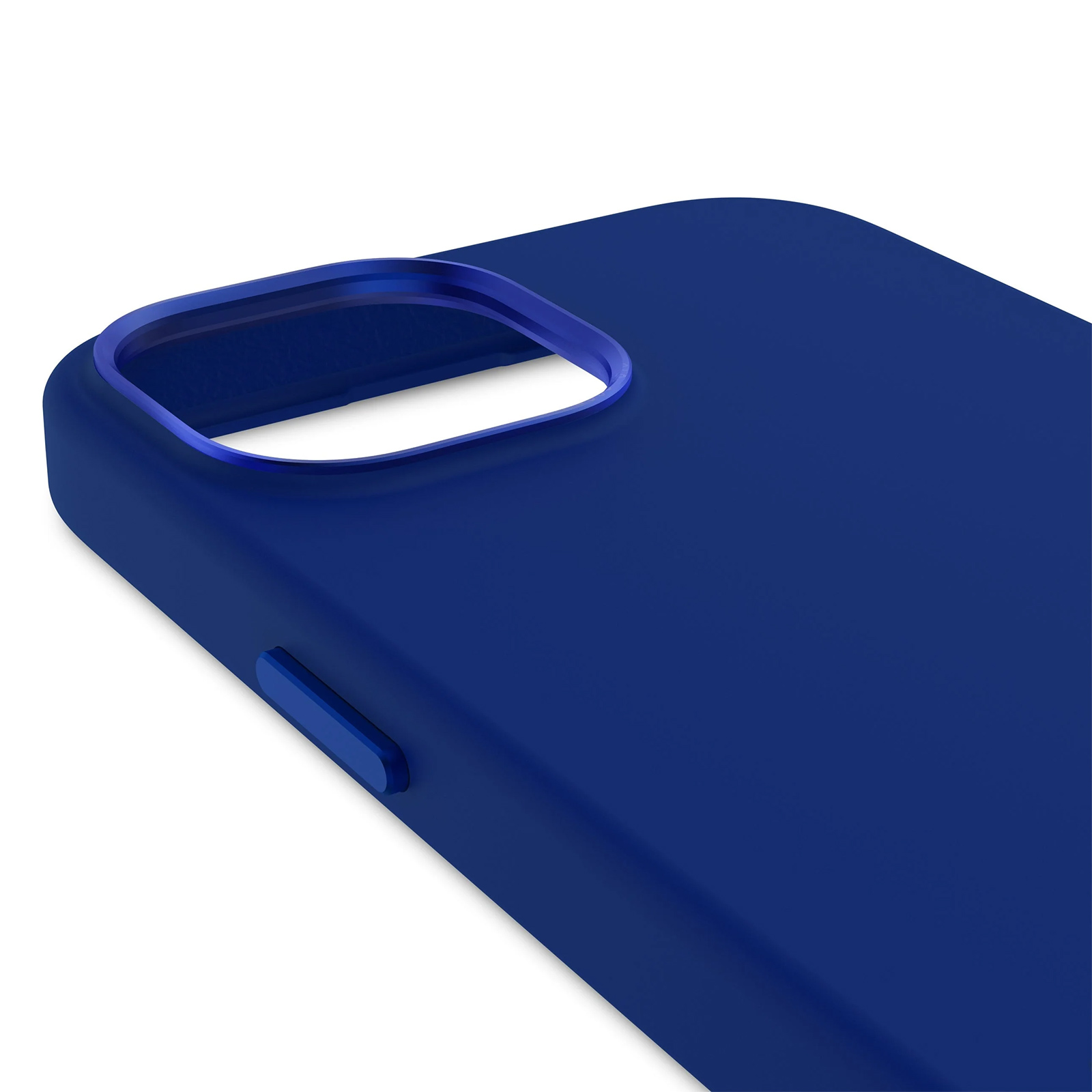 Primo piano di una custodia blu per telefono. Il ritaglio della fotocamera ha un bordo metallico. La custodia è su sfondo bianco.