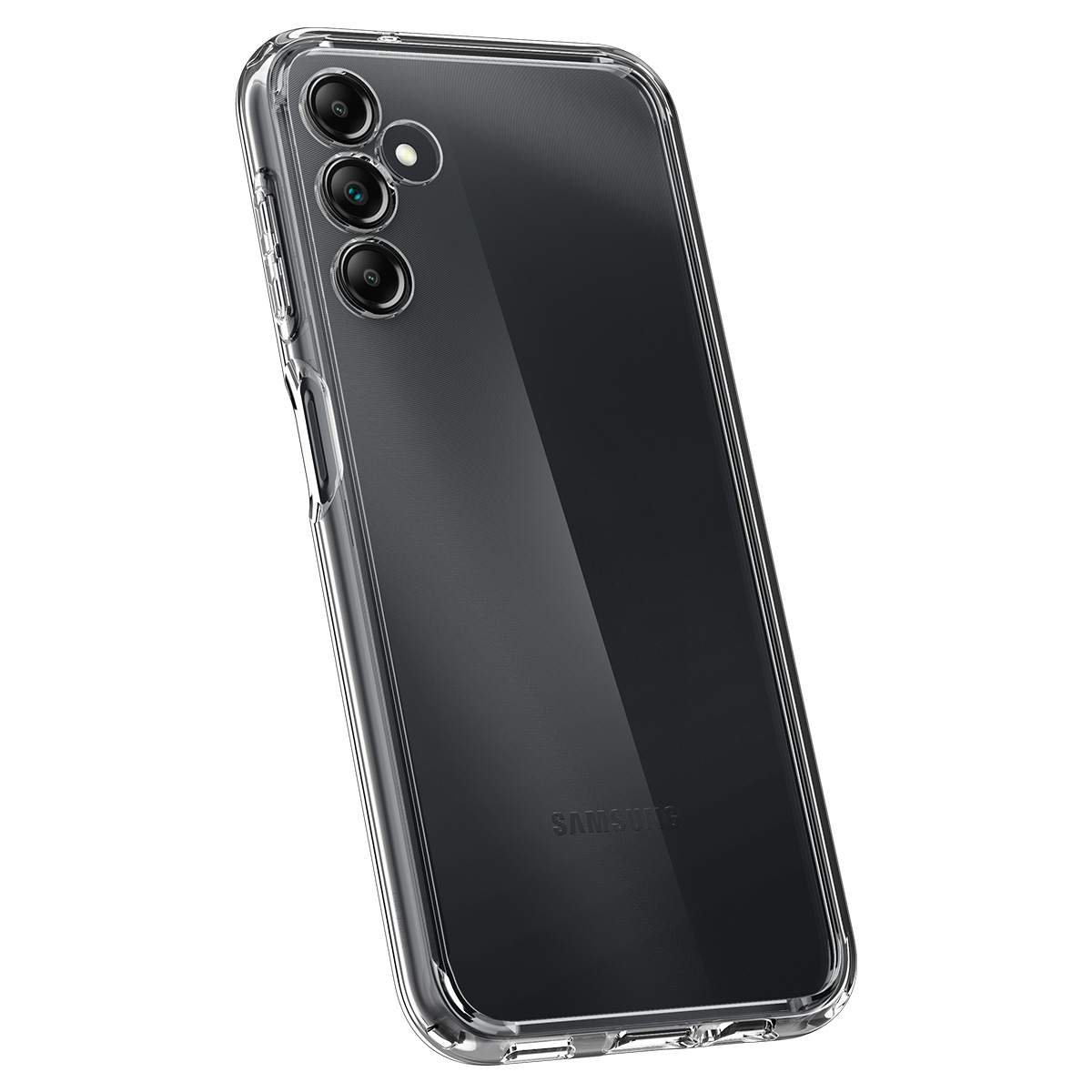 Custodia trasparente per telefono sul telefono. Logo Samsung visibile. Tre lenti. Il telefono è su una superficie bianca.