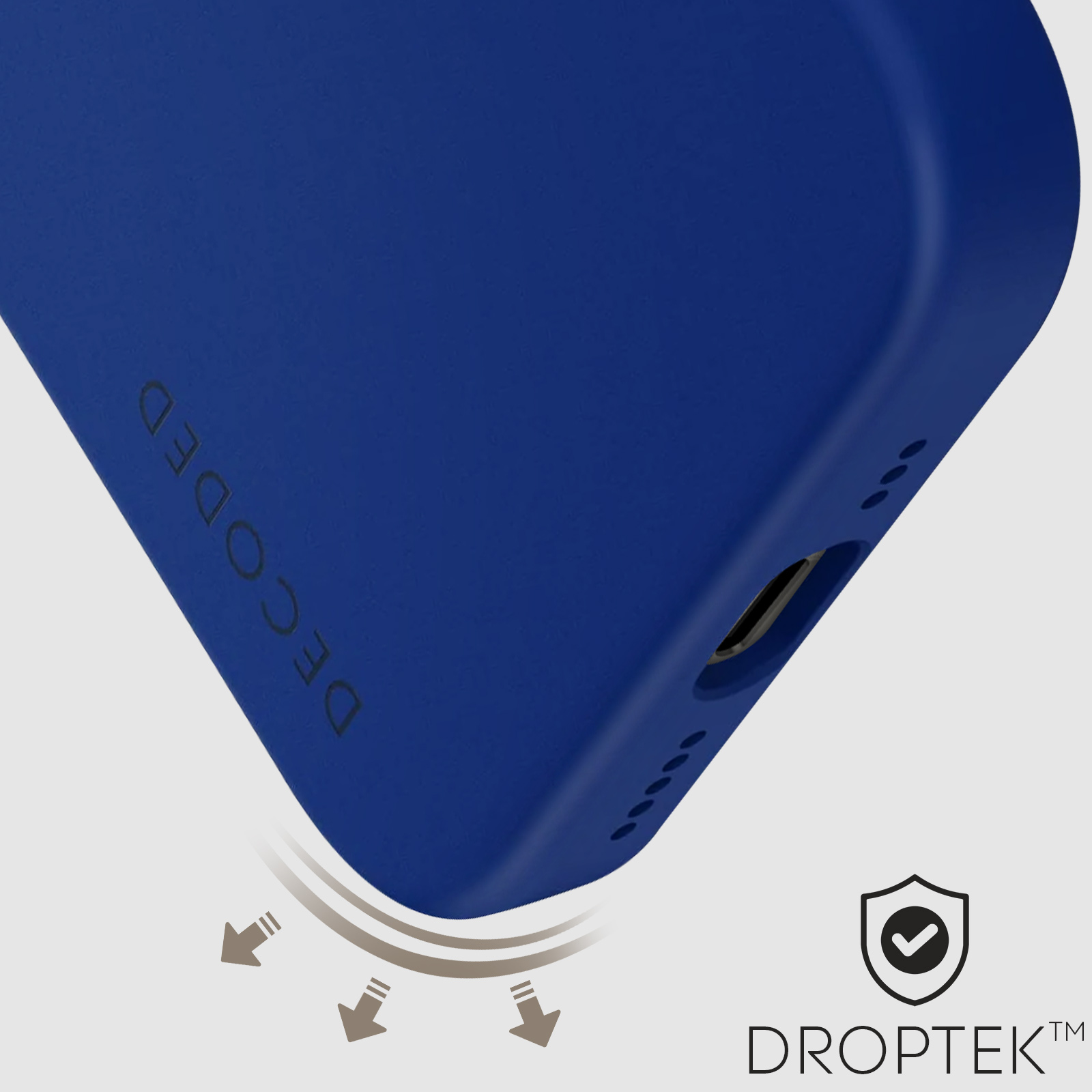 Primo piano di una custodia blu per telefono. DECODED è scritto sul lato, DROPTEK e frecce presenti.