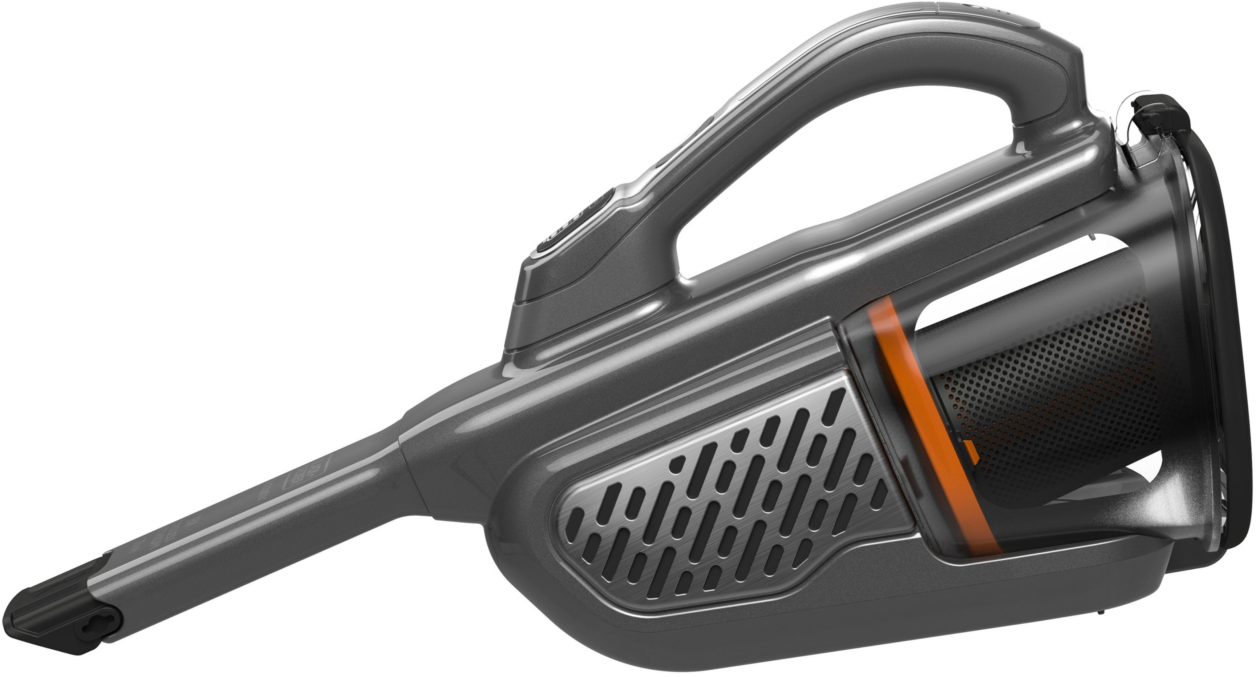 Gray handheld vacuum cleaner. Black and orange accents. Angled view.