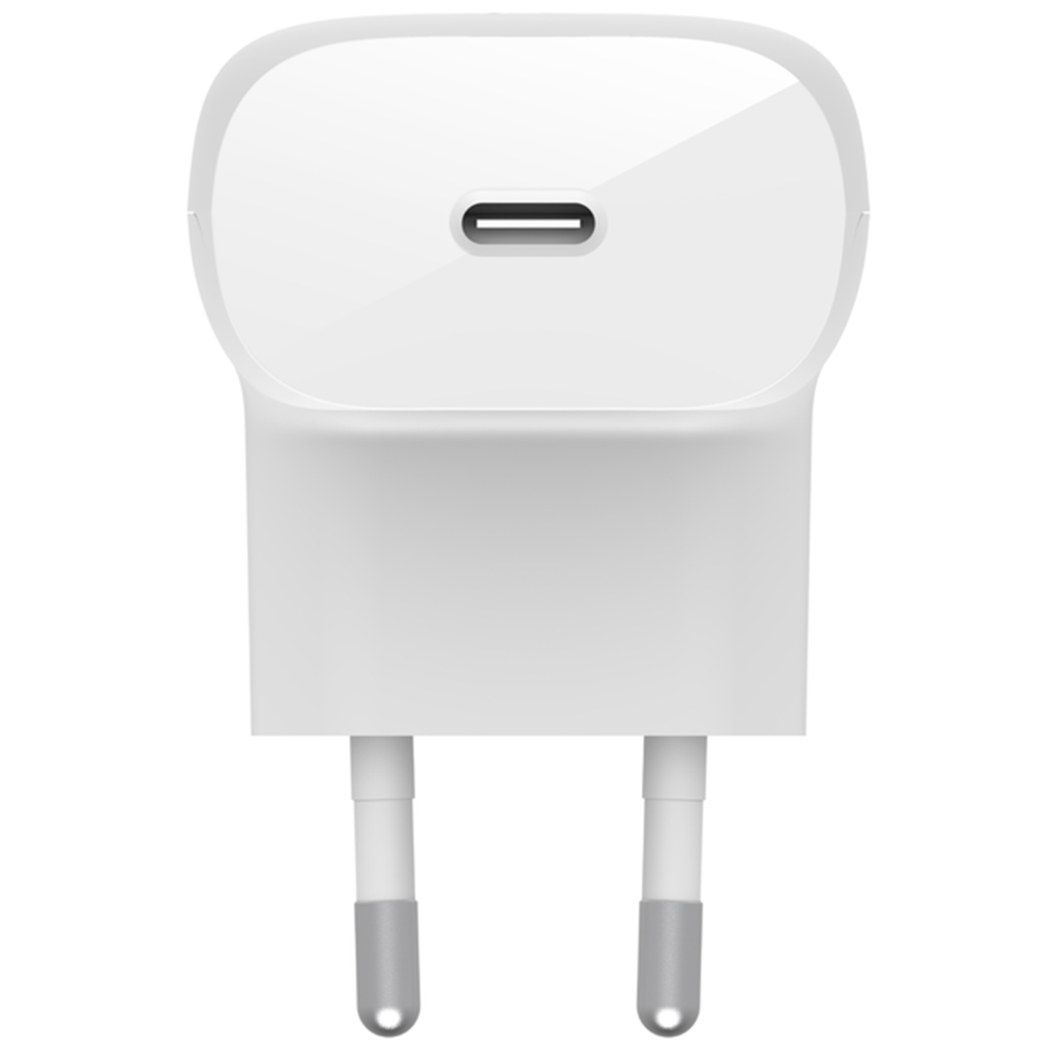 Un caricabatterie bianco con una porta USB-C e due spine argentate. Il caricabatterie è di forma rettangolare.