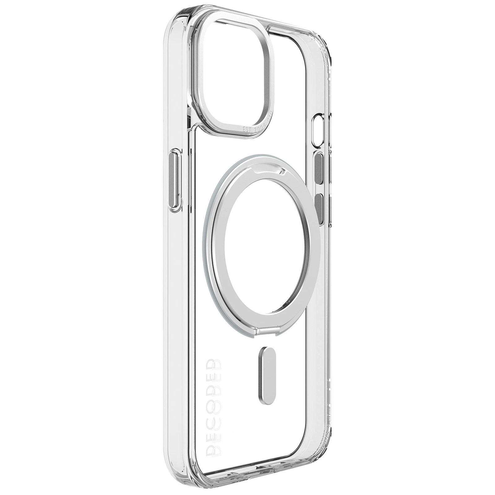 Custodia trasparente per telefono con cerchio bianco ed elementi magnetici. DECODED è scritto sul lato.