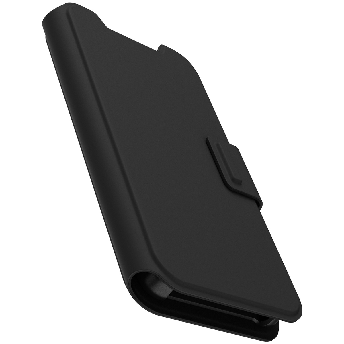 Custodia nera per telefono, chiusa. La custodia ha una superficie liscia con una chiusura.