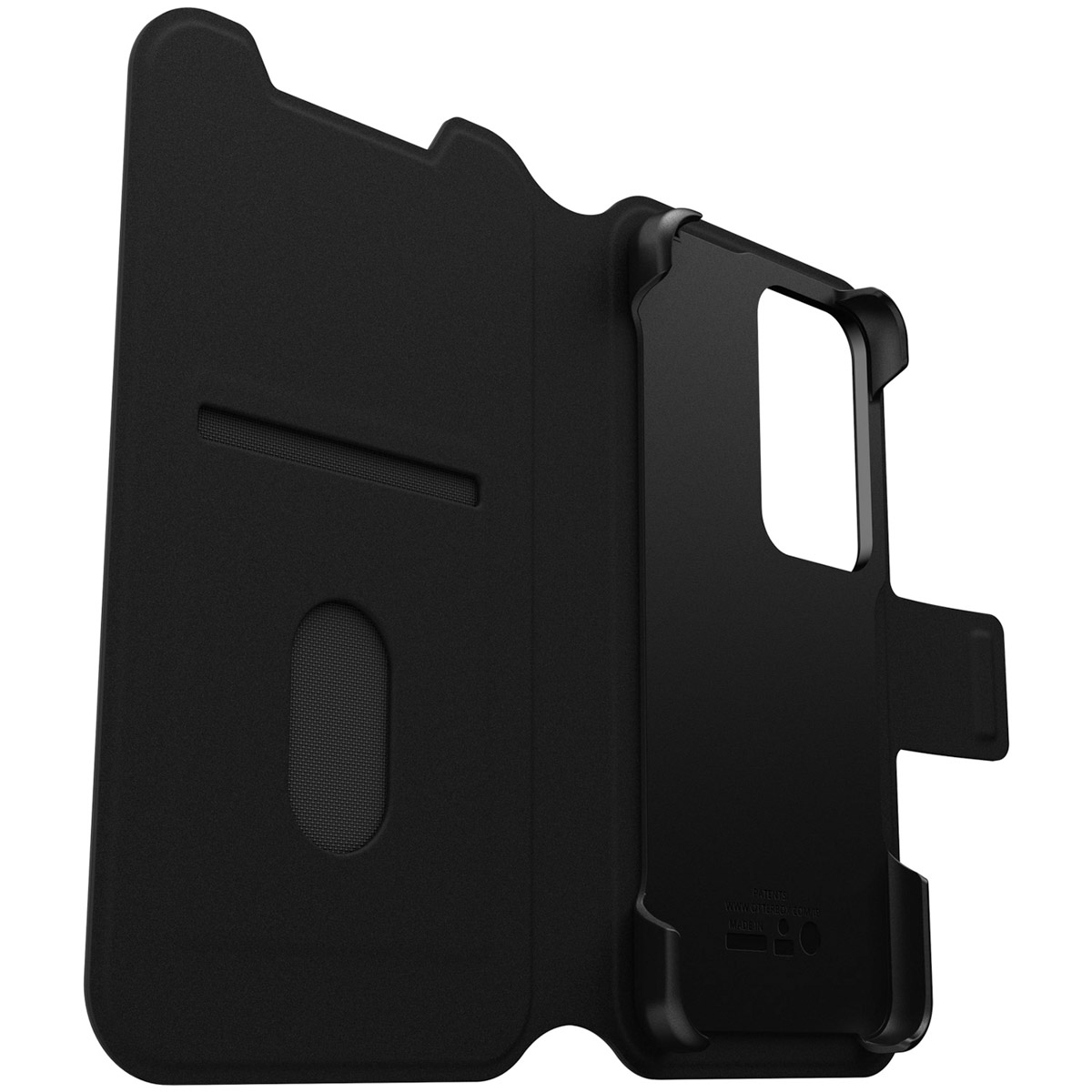 Custodia nera per telefono aperta, che mostra fessure per carte e la cornice del telefono.