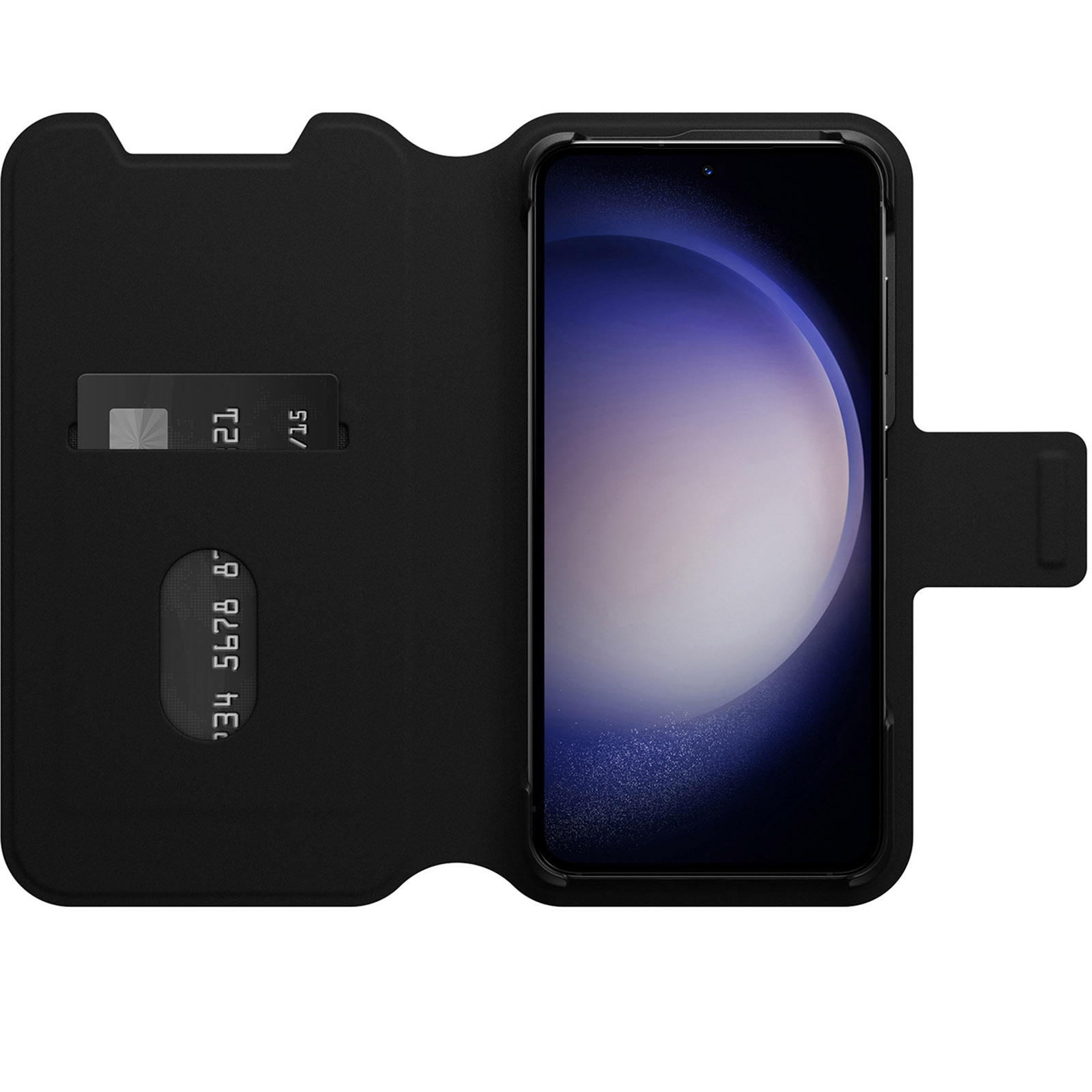 Telefono nero in una custodia a portafoglio, con fessure per carte e coperchio chiuso.