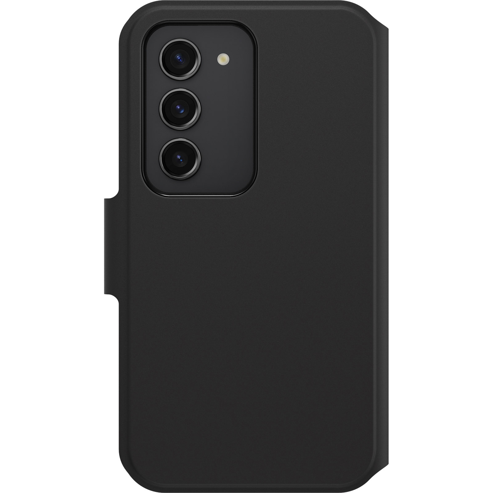 Un telefono nero con cover posteriore e tre fotocamere. È appoggiato su una superficie bianca.