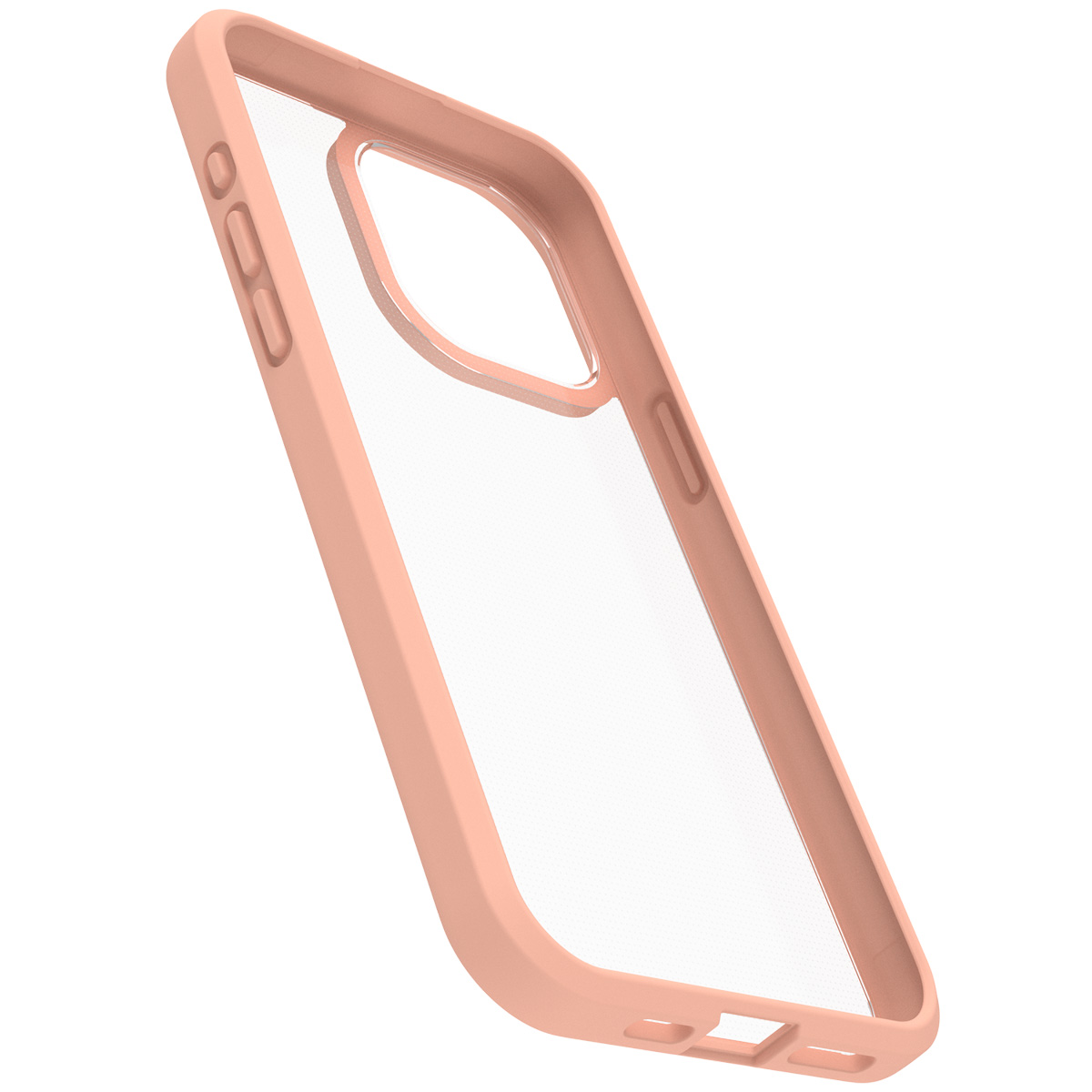 Une coque de téléphone orange avec un dos transparent, légèrement inclinée. Elle est sur une surface blanche.