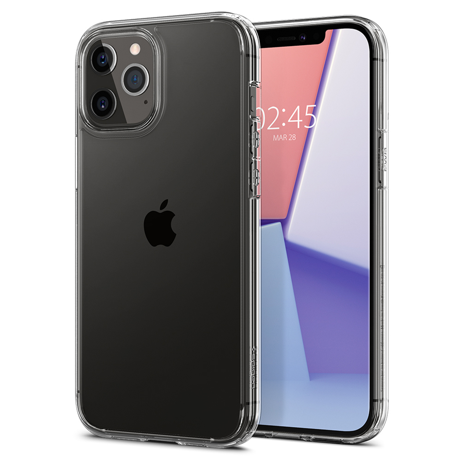 Custodia trasparente per telefono su un telefono nero. Il logo Apple è visibile.