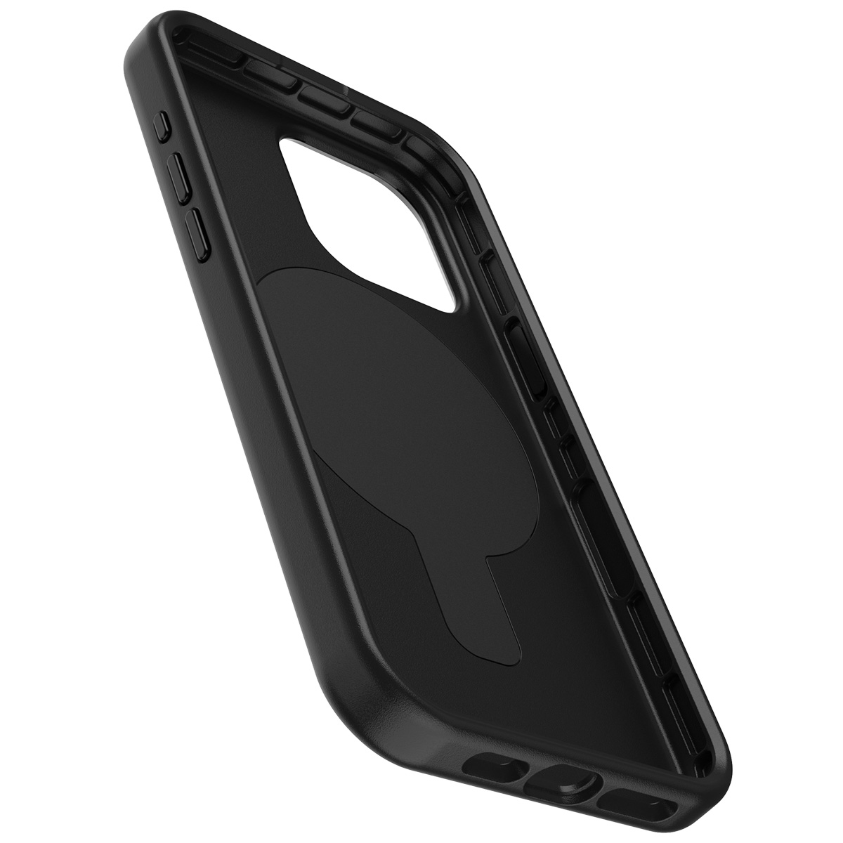 Intérieur d'une coque de téléphone noire, montrant le design intérieur et les découpes pour le téléphone.