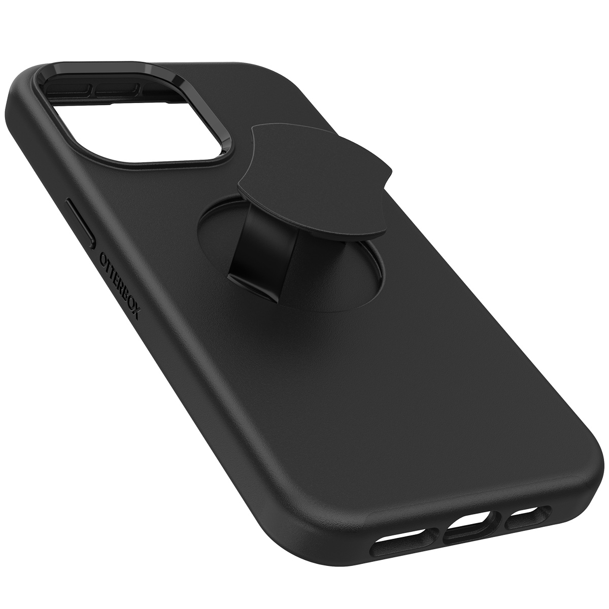 Coque de téléphone noire avec support escamotable, montrant le logo Otterbox.