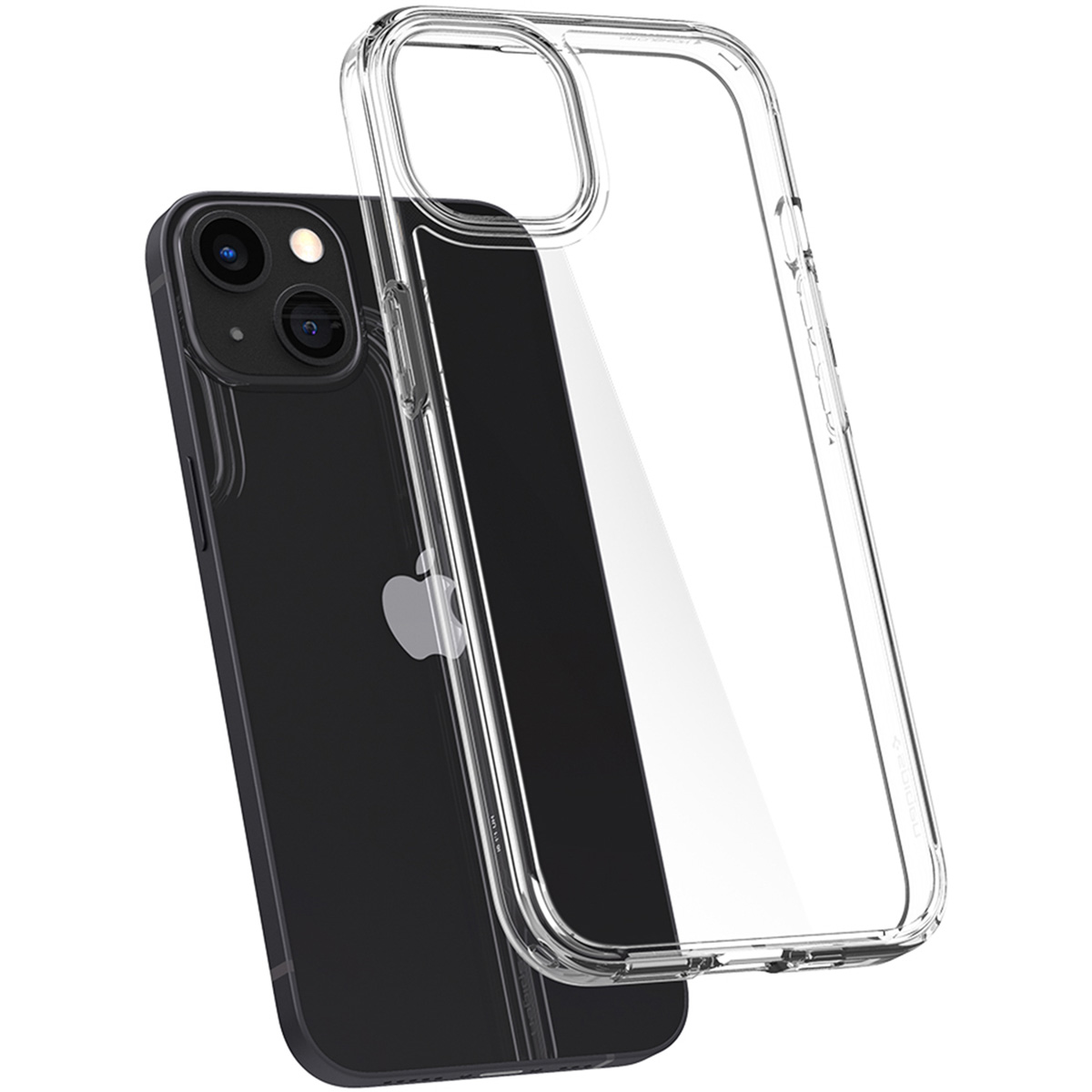 Czarny telefon z logo Apple obok przezroczystego etui. Etui jest skierowane w górę.