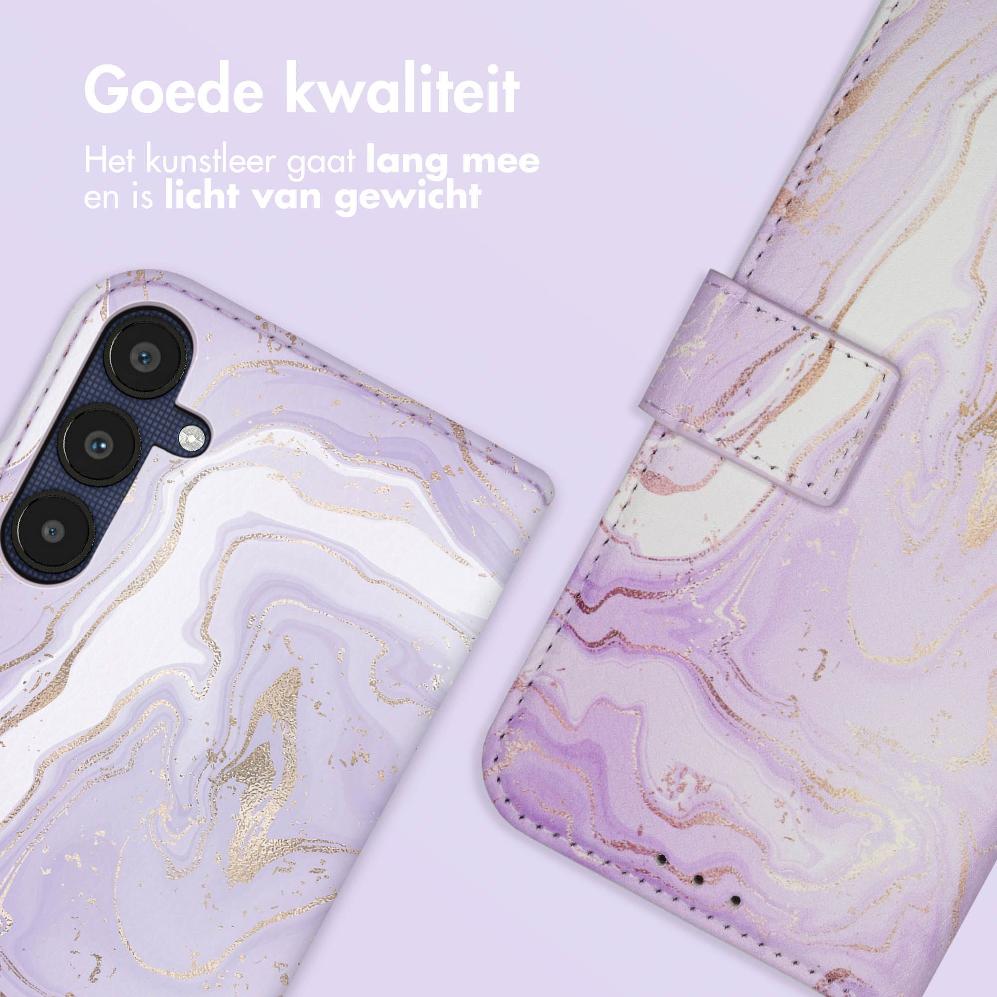 Paarse marmeren telefoonhoes en flipcase met gouden accenten.