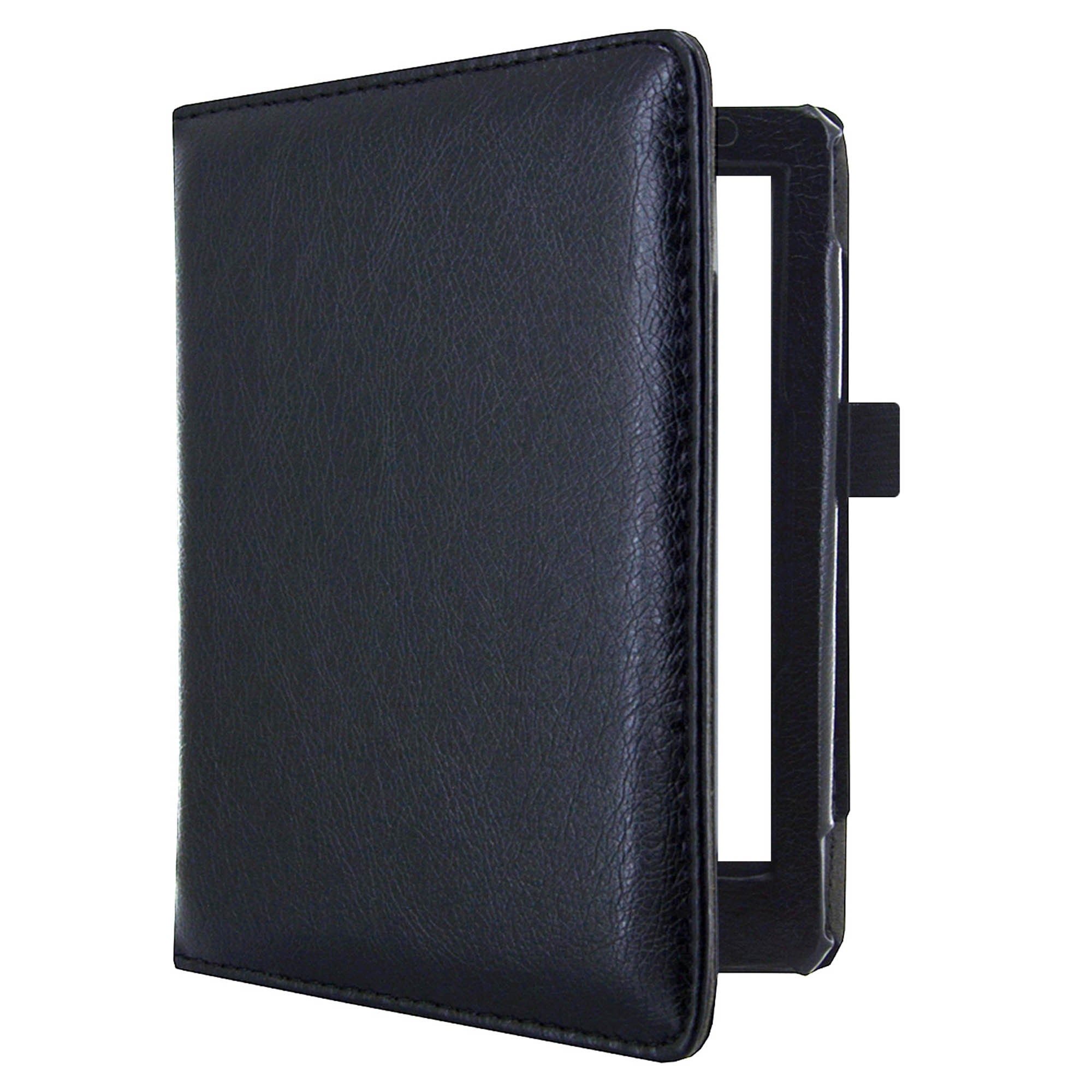 Zwarte leren hoes voor een tablet. De tablet wordt erin gehouden. De hoes is gedeeltelijk open.