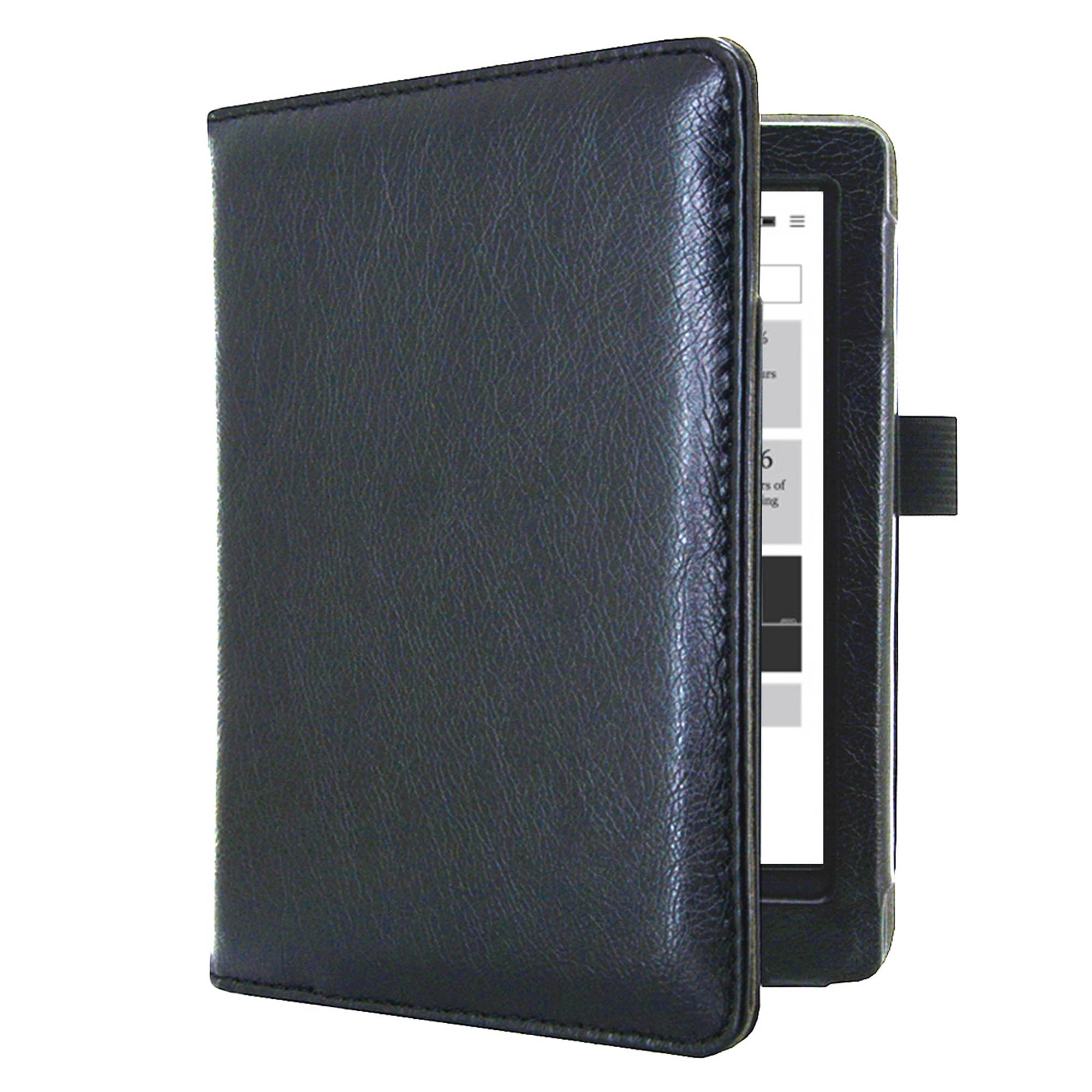 Zwarte leren ebook reader case. Het scherm is zichtbaar. Witte achtergrond.