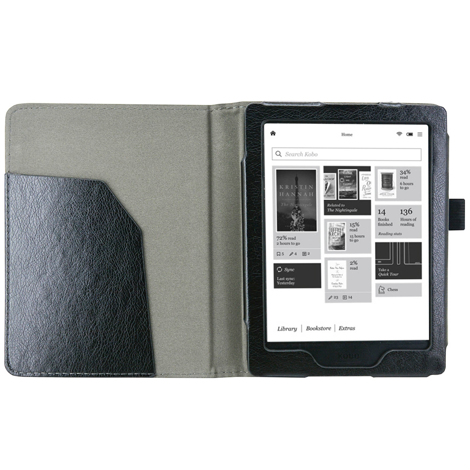 Een open e-reader in een zwart-grijze hoes, met een boekenlijst, op een wit oppervlak.
