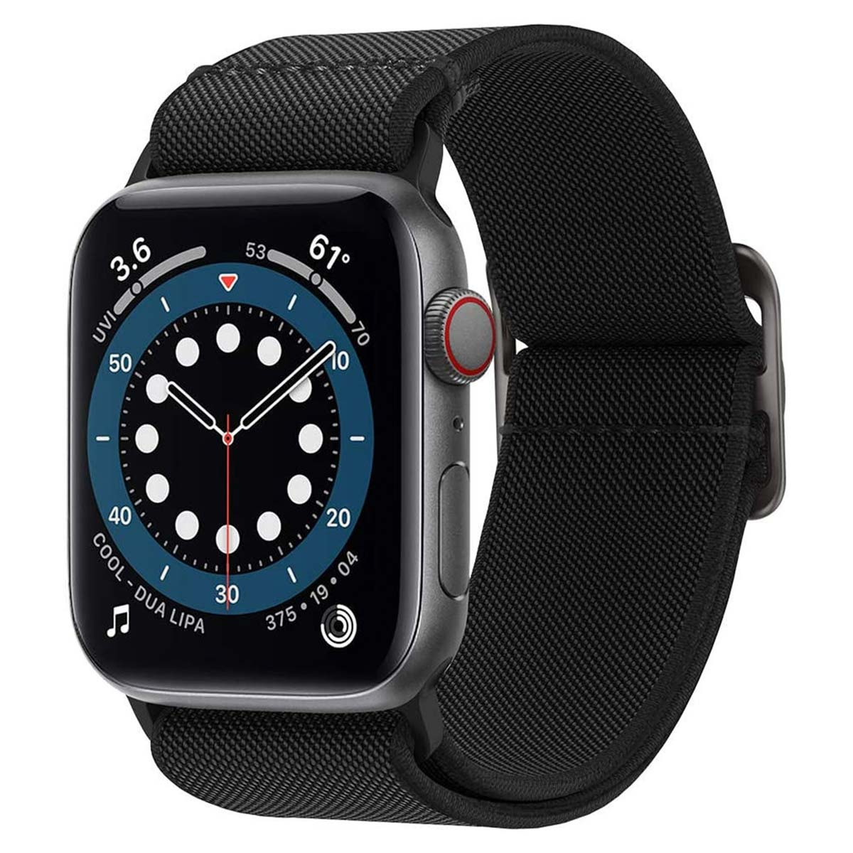 Black Apple Watch with a black fabric band. Display shows time, date and activity.