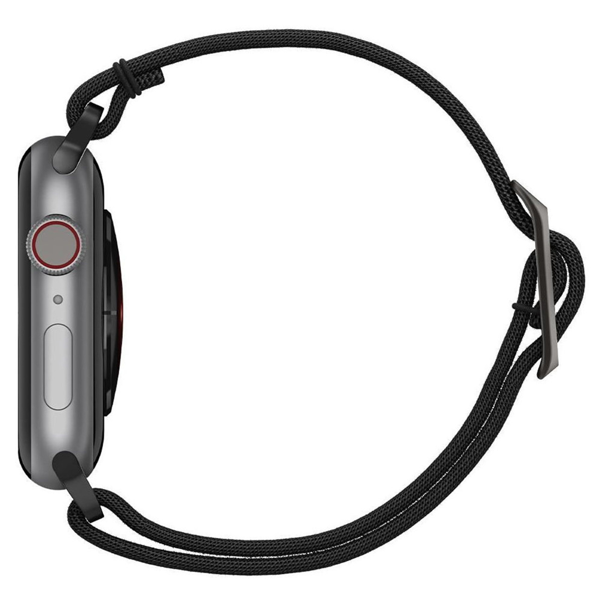 Gray smartwatch with a black fabric band, close-up view.