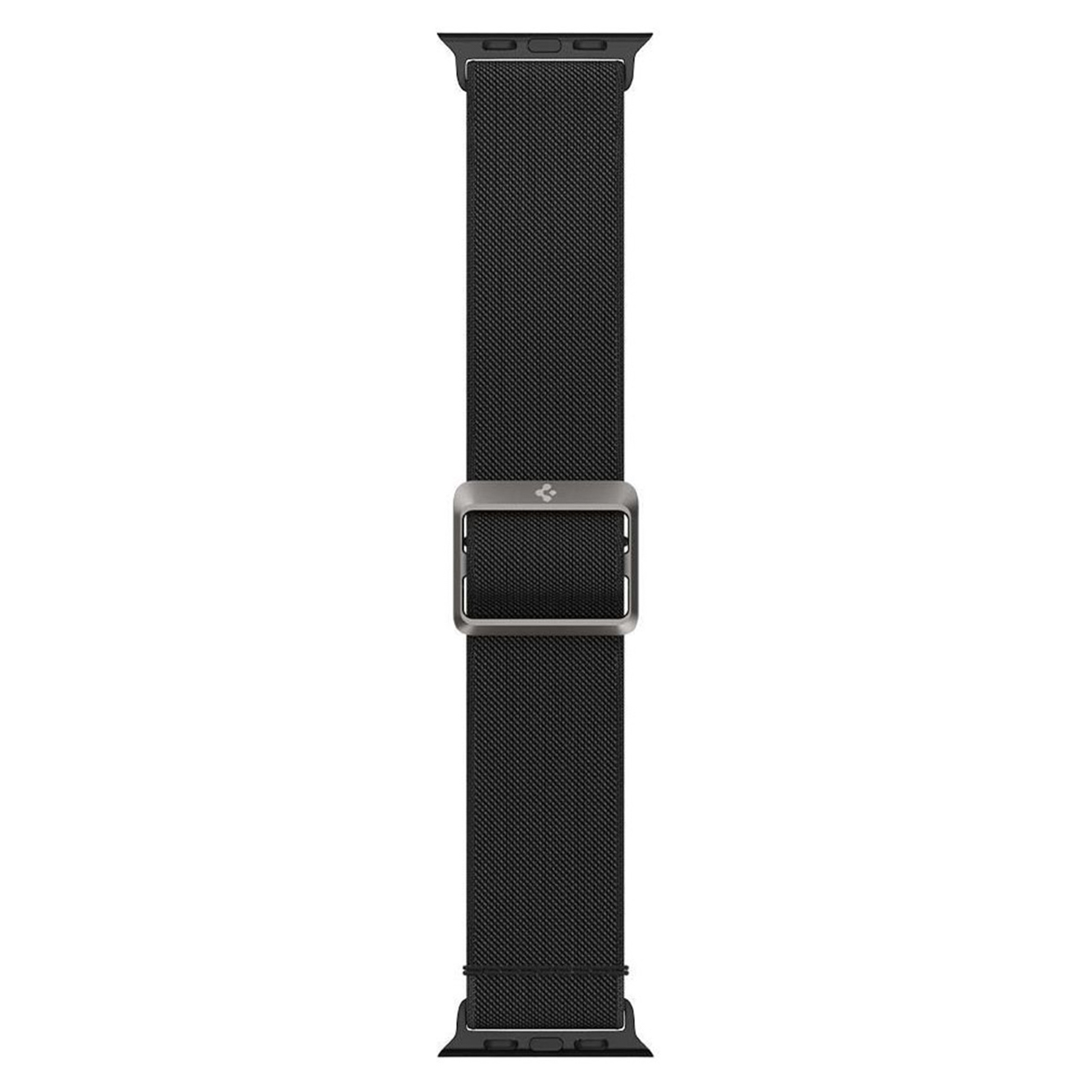 Black watch band with a silver buckle and embossed logo.