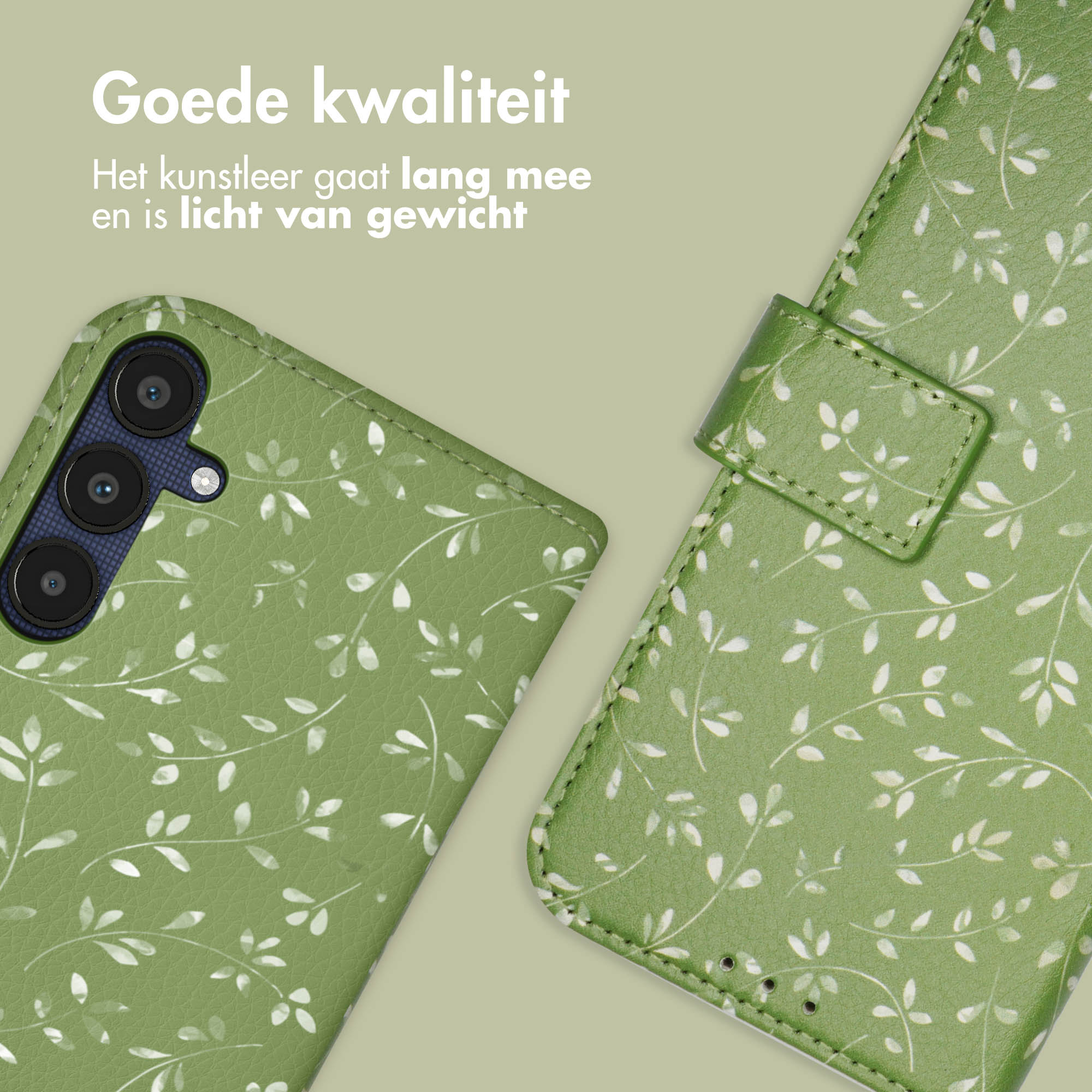 Groene telefoonhoes met bladerpatroon, cameramodule zichtbaar.