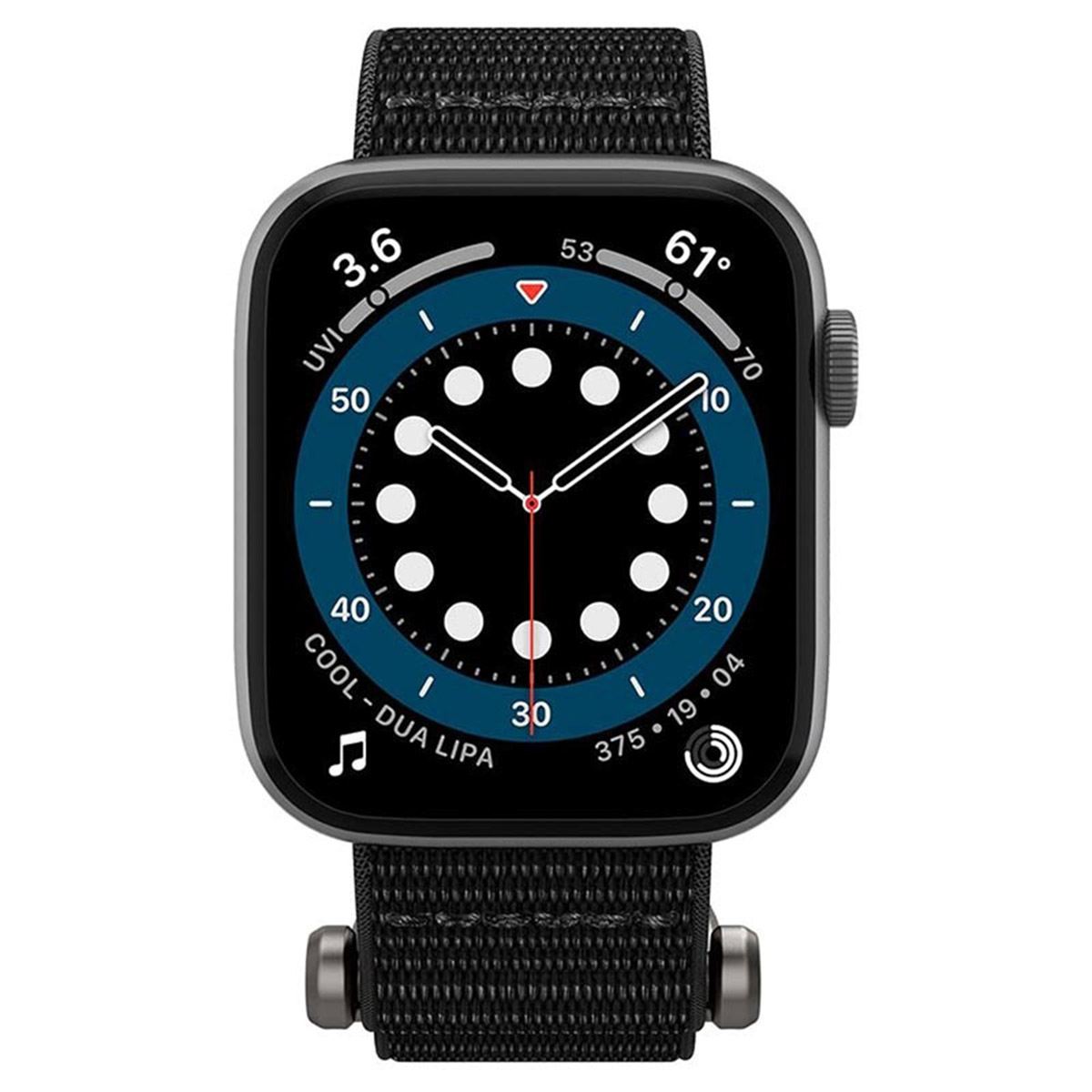 A smart watch with a black strap and a black watch face displaying the time and various metrics.