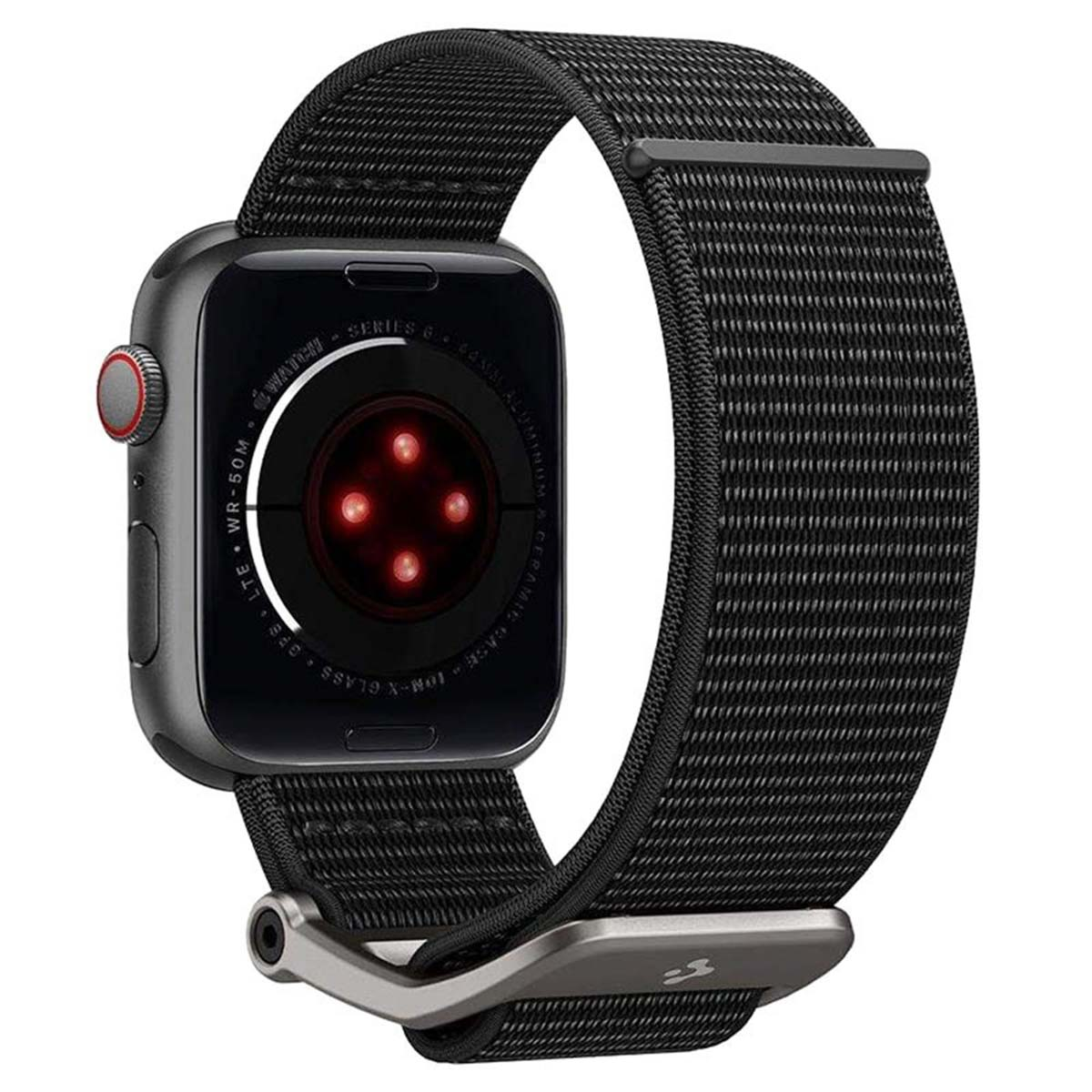 Dark gray smartwatch with a black fabric band and glowing red sensors on the back.