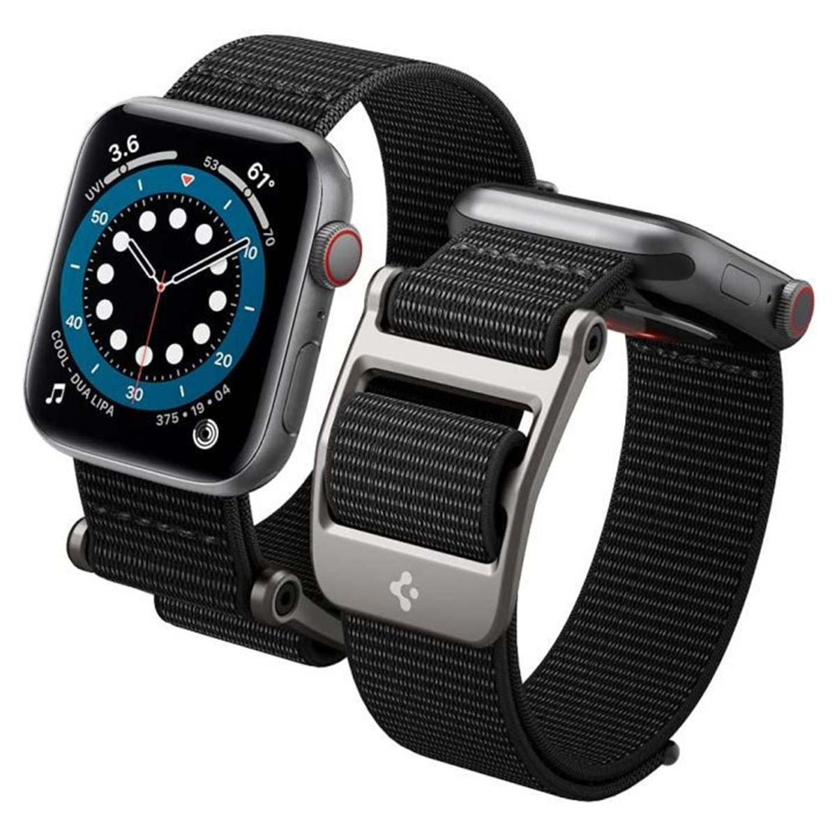 Apple watch and black band. The watch shows time, with various data. A clasp is visible.