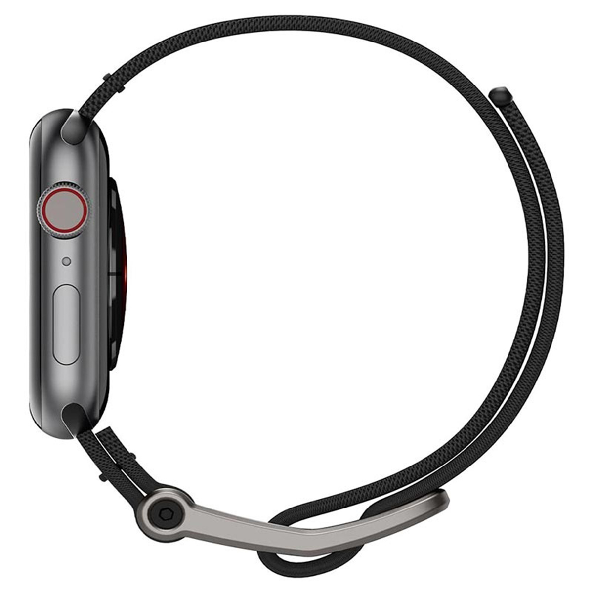 Side view of a smartwatch with a black and gray strap. The watch face is visible.