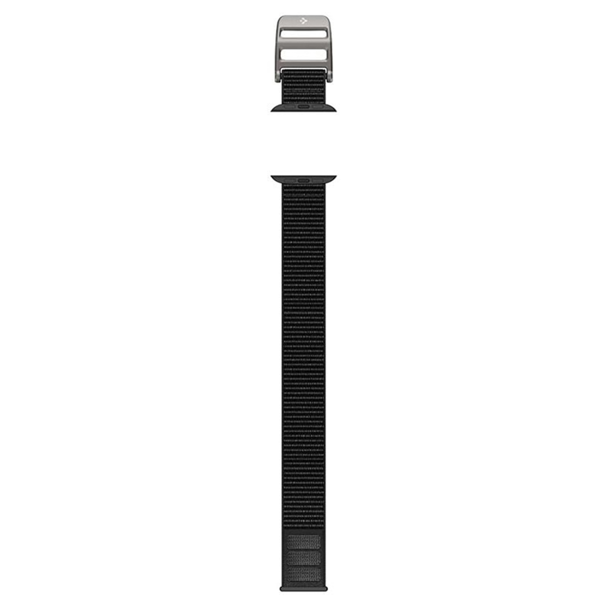 Black and gray Apple Watch band, detached. A black woven band and a silver buckle are shown.