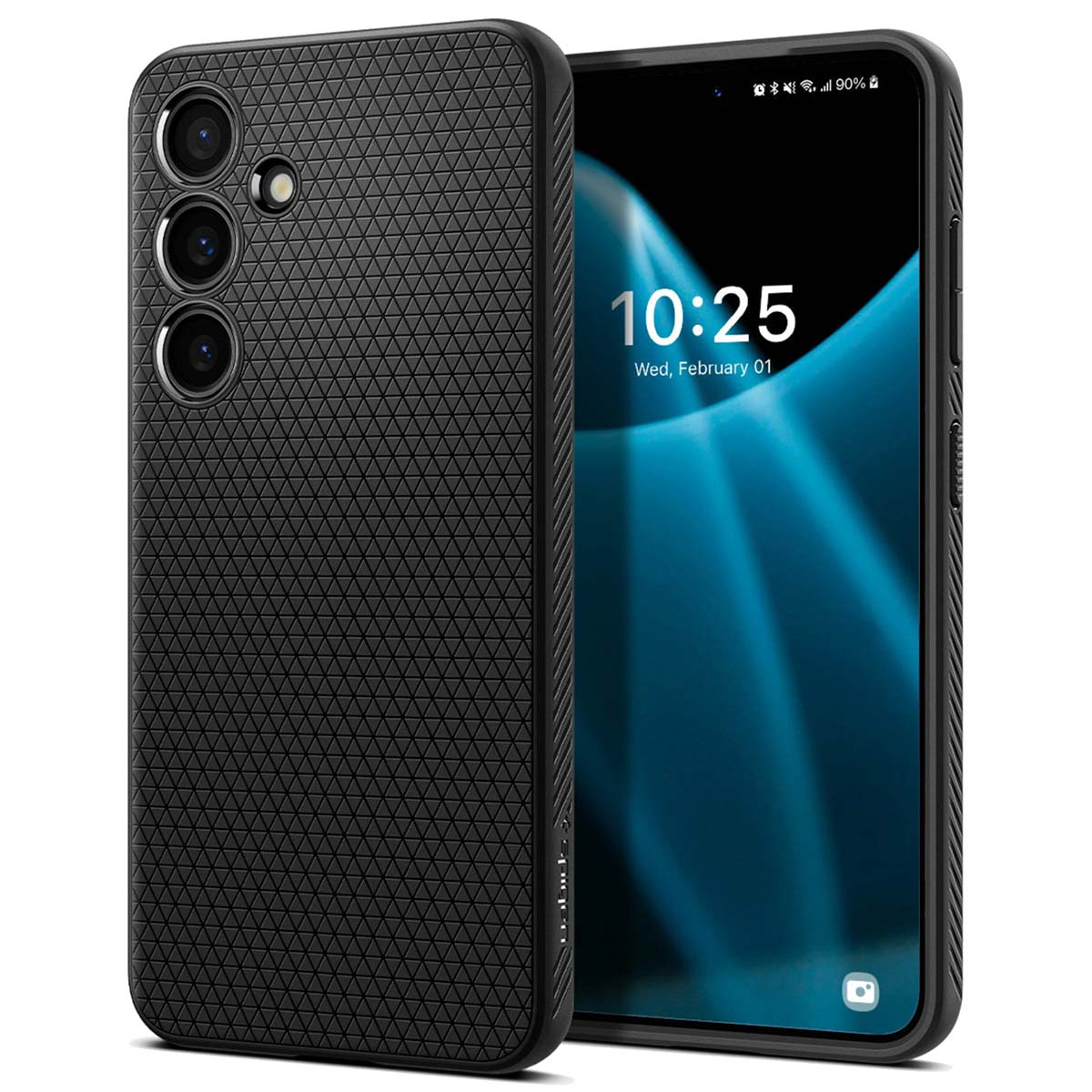 Téléphone noir dans étui, écran et dos. Étui noir avec motif texturé.