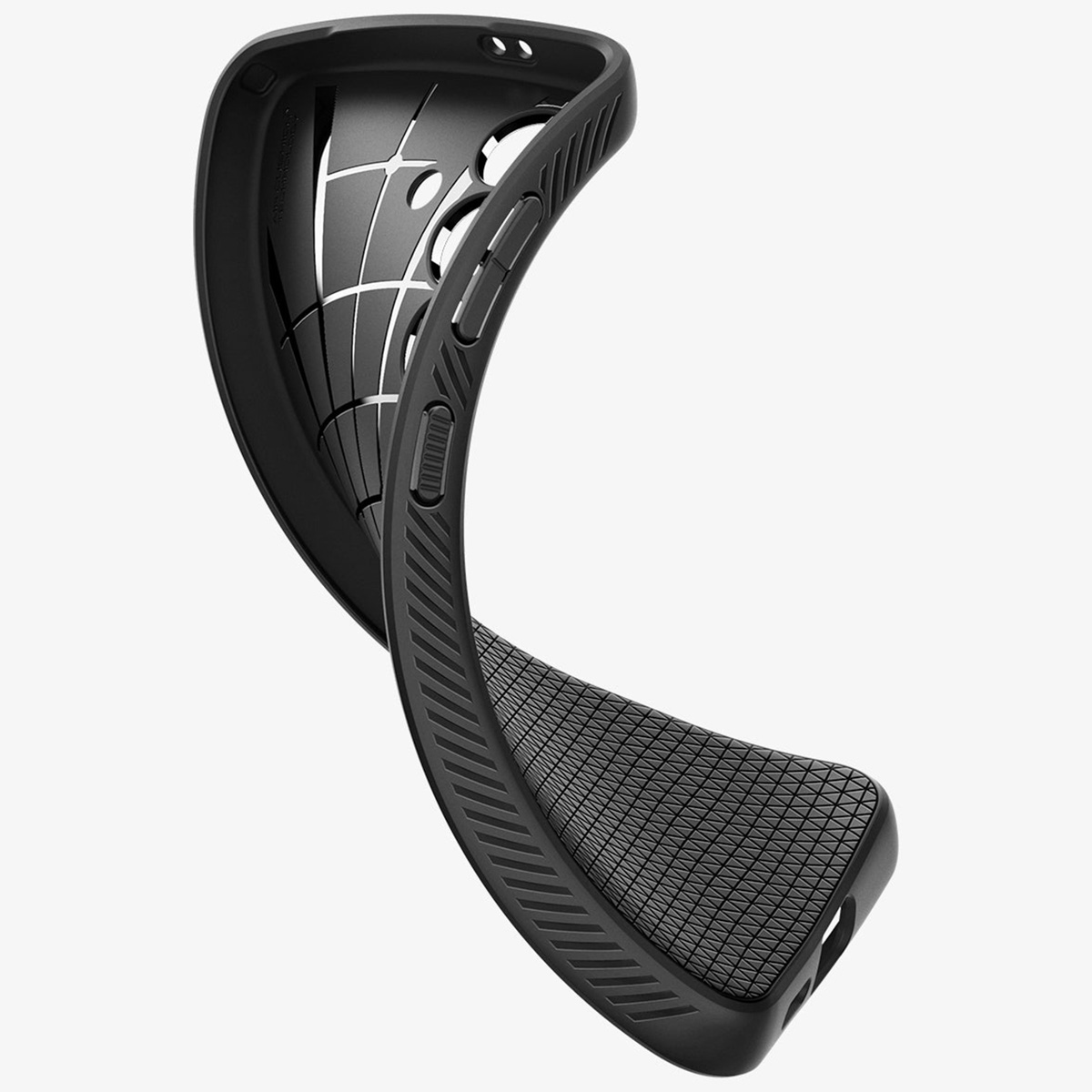 Coque noire pour téléphone, incurvée et flexible, avec zone de prise texturée.