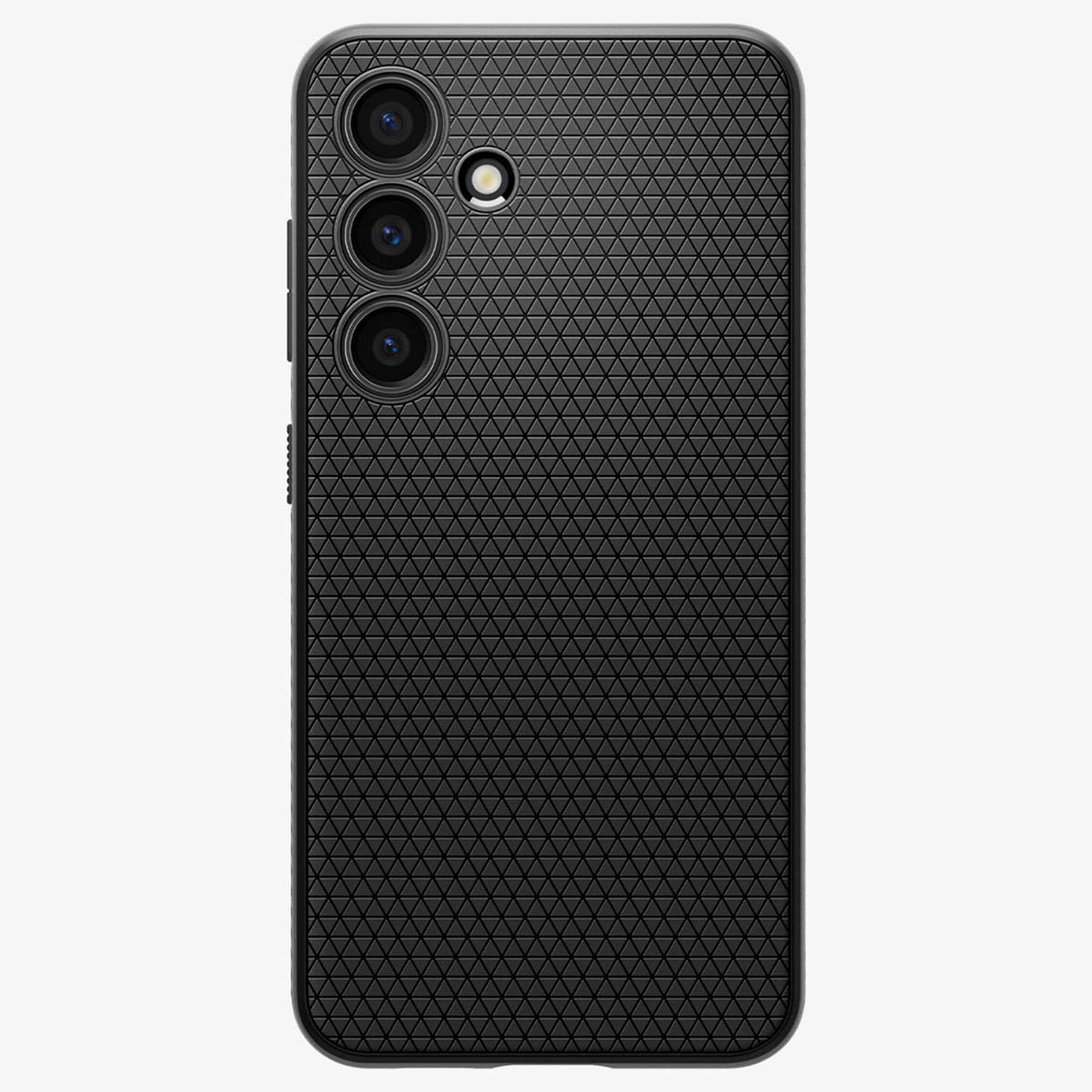 Coque de téléphone noire avec motif triangulaire. Trois caméras à l'arrière.
