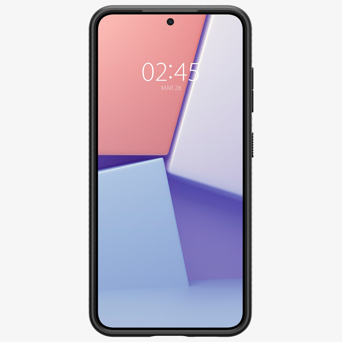 Téléphone dans un étui montrant un écran avec un fond coloré et l'heure 02:45.